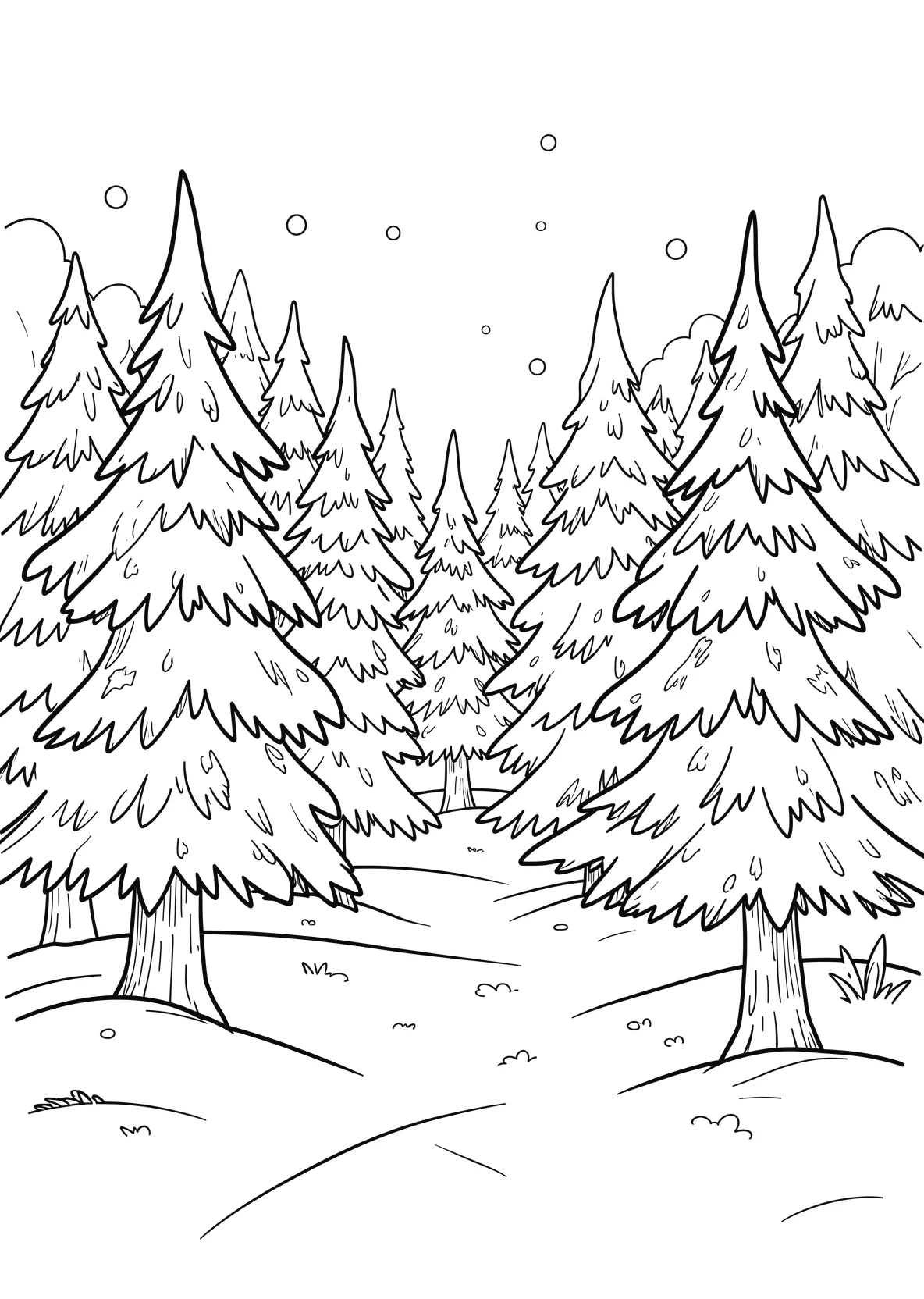 Ausmalbild Verschneiter Wald mit Tannenbäumen - Ausmalbild aus der Kategorie Natur - kostenlos ausdrucken