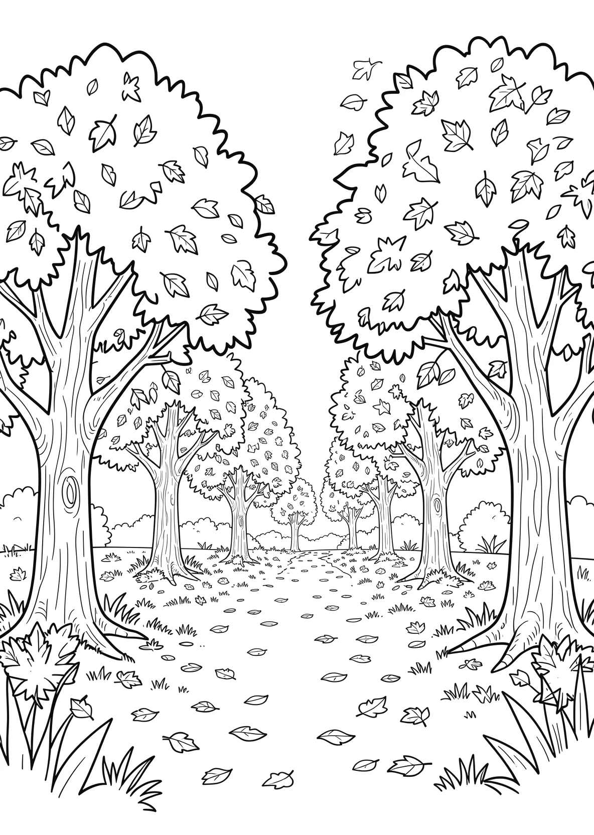 Ausmalbild Park im Herbst mit Bäumen und Blättern - Ausmalbild aus der Kategorie Natur - kostenlos ausdrucken