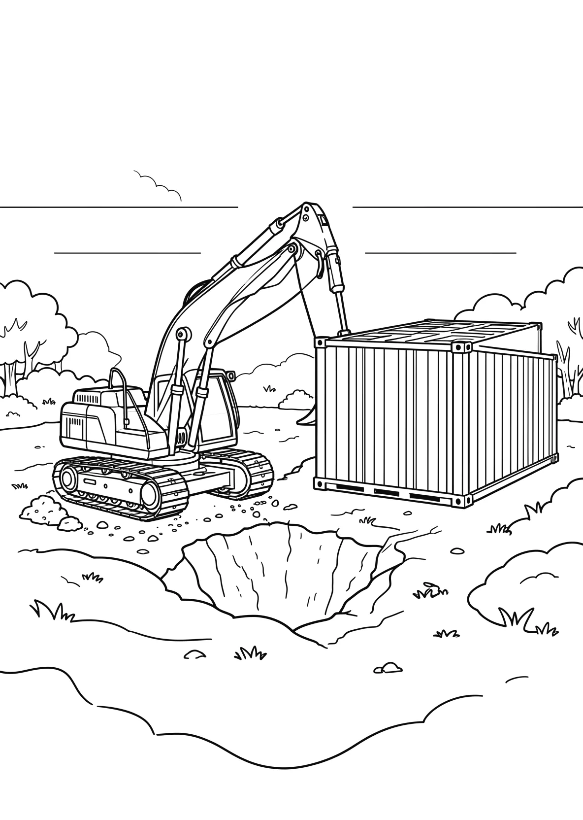 Ausmalbild Bagger gräbt ein Loch neben einem Baucontainer - Ausmalbild aus der Kategorie Fahrzeuge - kostenlos ausdrucken