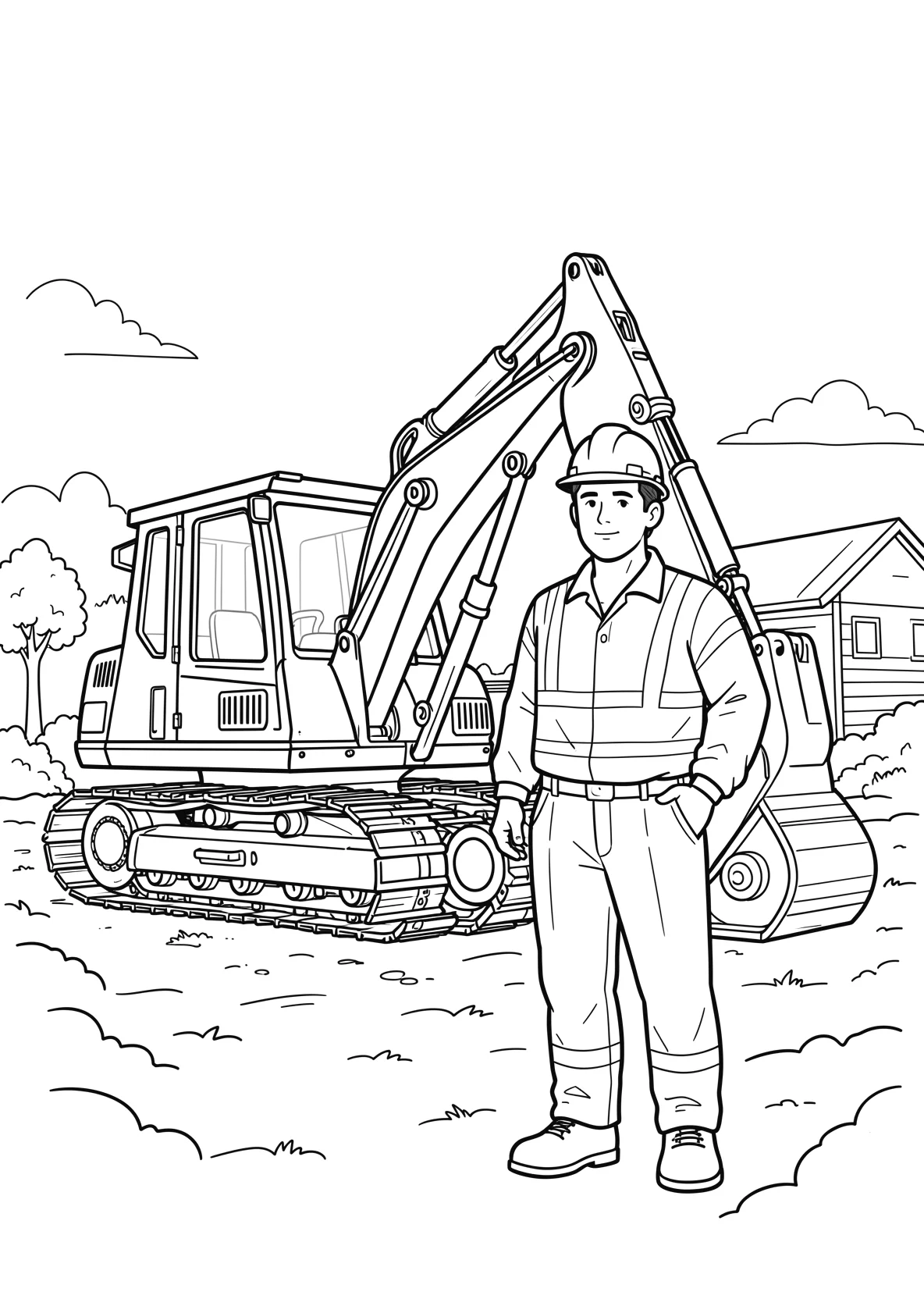 Ausmalbild Bauarbeiter mit Helm steht neben einem Bagger - Ausmalbild aus der Kategorie Berufe - kostenlos ausdrucken