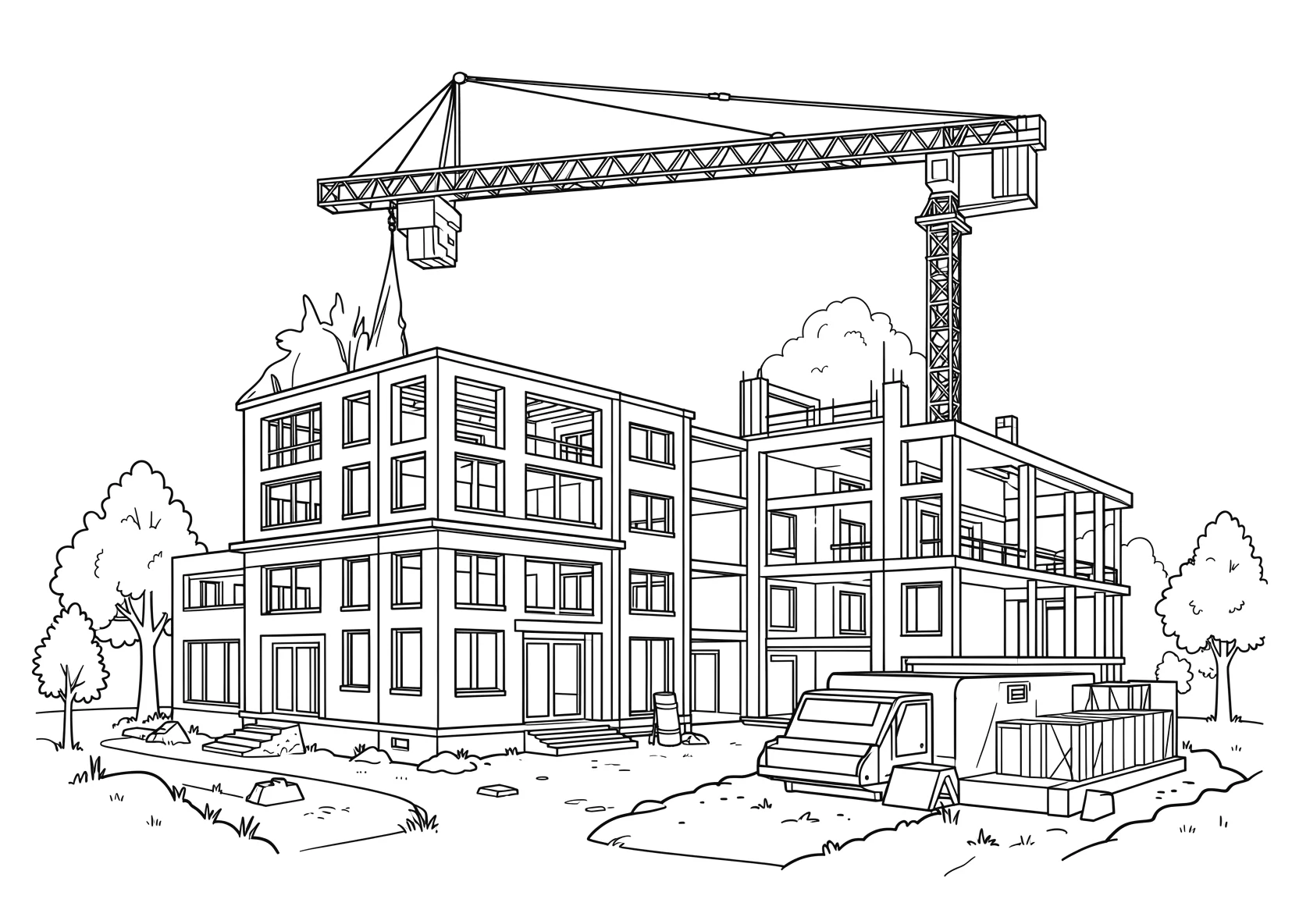 Ausmalbild Kran steht neben einem halbfertigen Gebäude - Ausmalbild aus der Kategorie Fahrzeuge - kostenlos ausdrucken