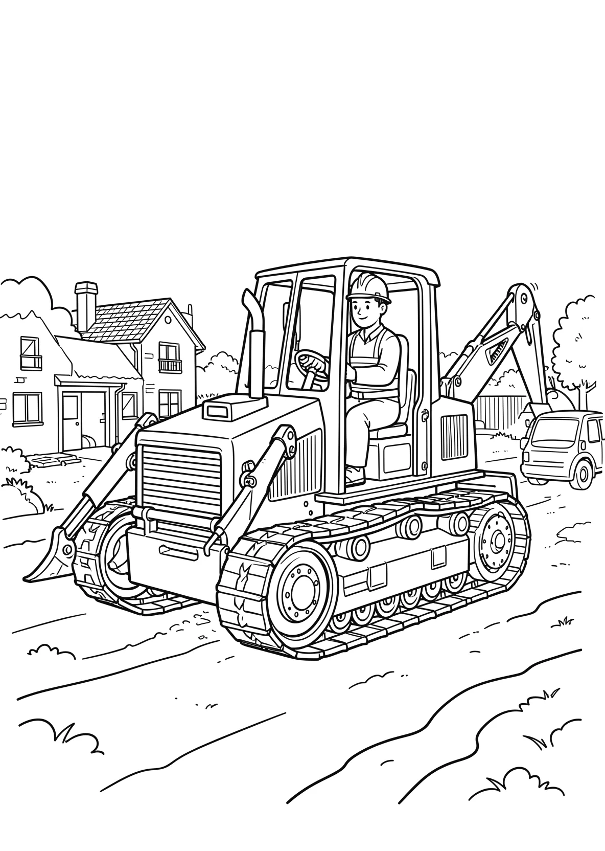 Ausmalbild Bauarbeiter fährt einen Bulldozer - Ausmalbild aus der Kategorie Fahrzeuge - kostenlos ausdrucken