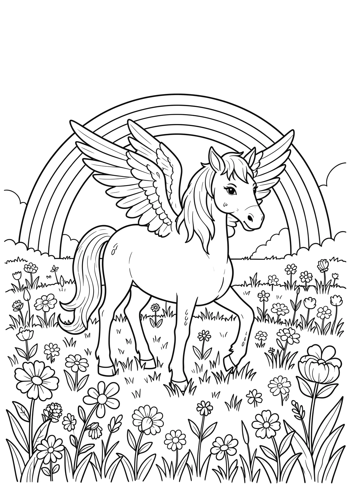 Ausmalbild Einhorn auf einer Blumenwiese mit Regenbogen - Ausmalbild aus der Kategorie Natur - kostenlos ausdrucken