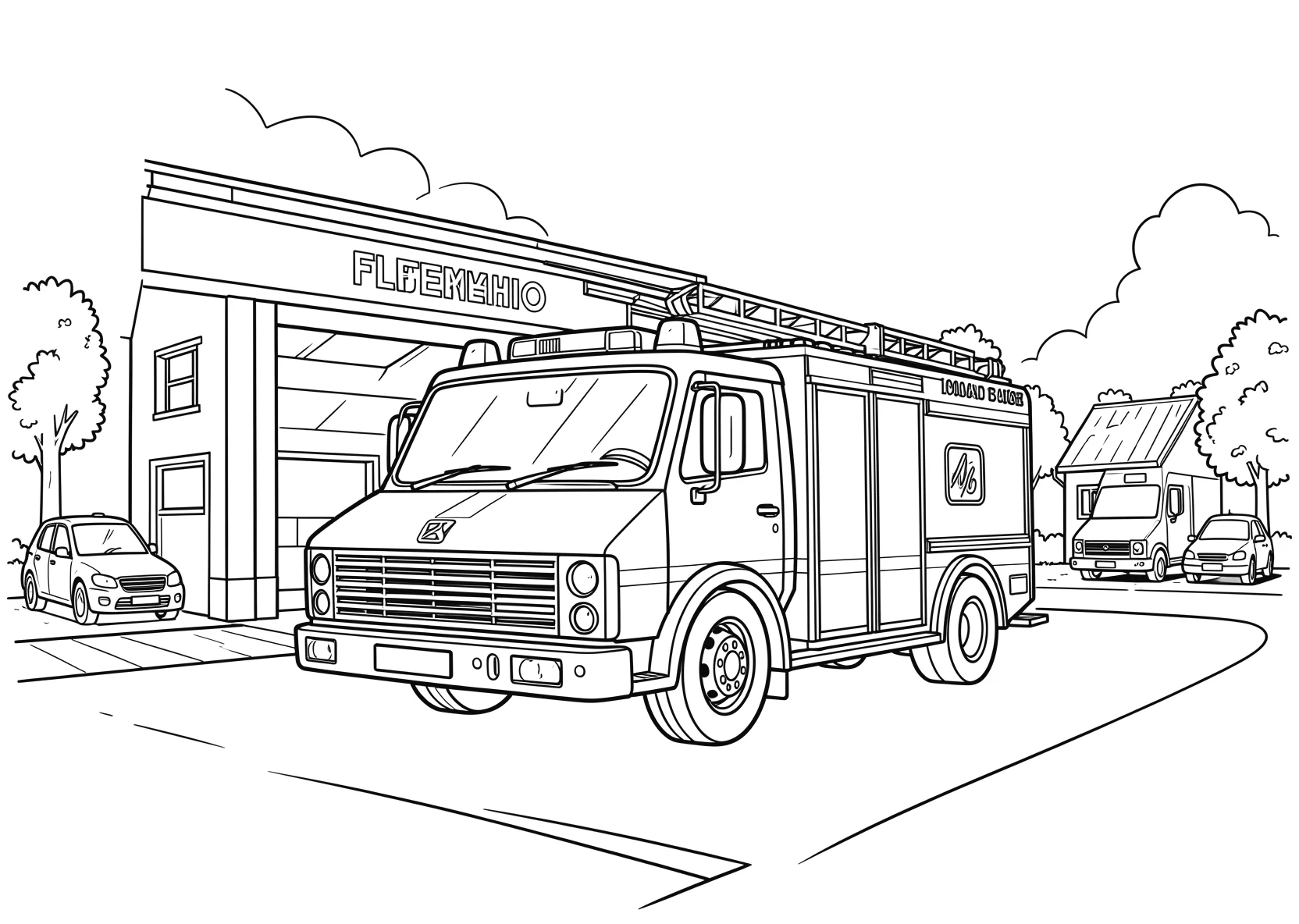 Ausmalbild Feuerwehrauto vor einer Feuerwehrstation - Ausmalbild aus der Kategorie Fahrzeuge - kostenlos ausdrucken