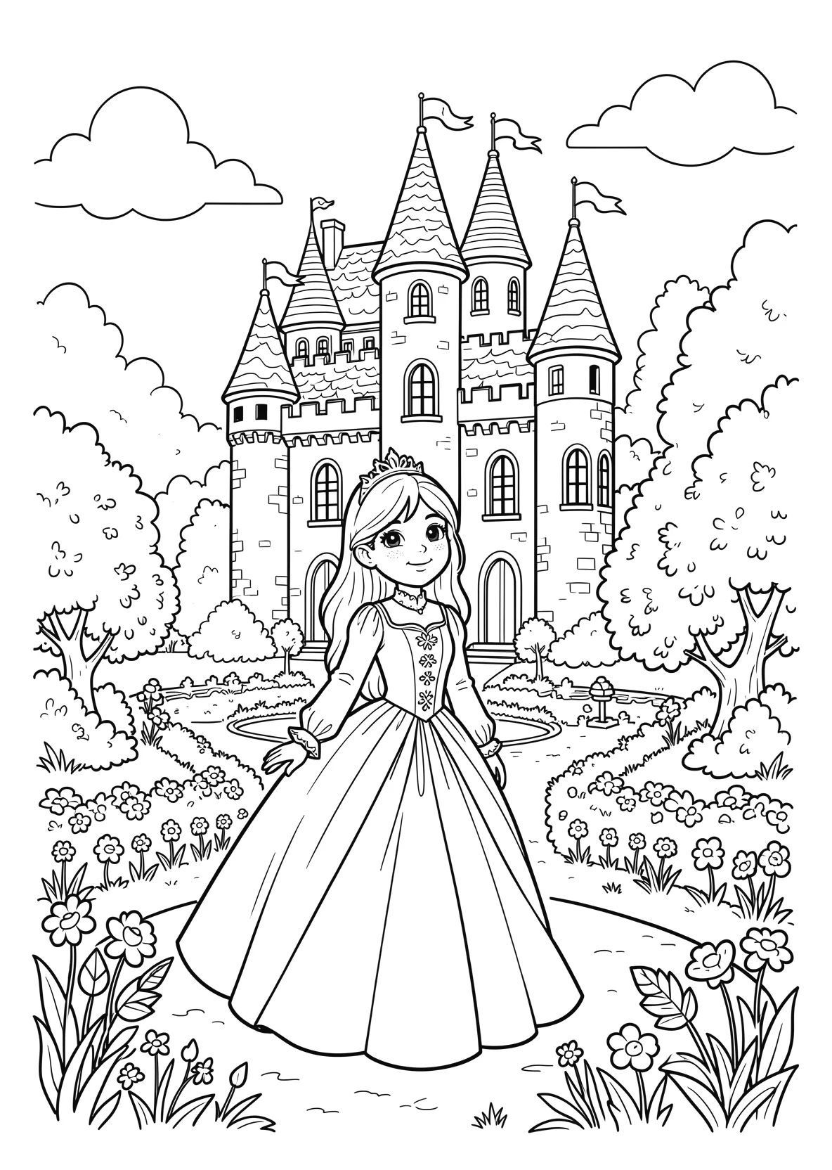 Ausmalbild Prinzessin vor einem Schloss mit Garten - Ausmalbild aus der Kategorie Maerchen - kostenlos ausdrucken