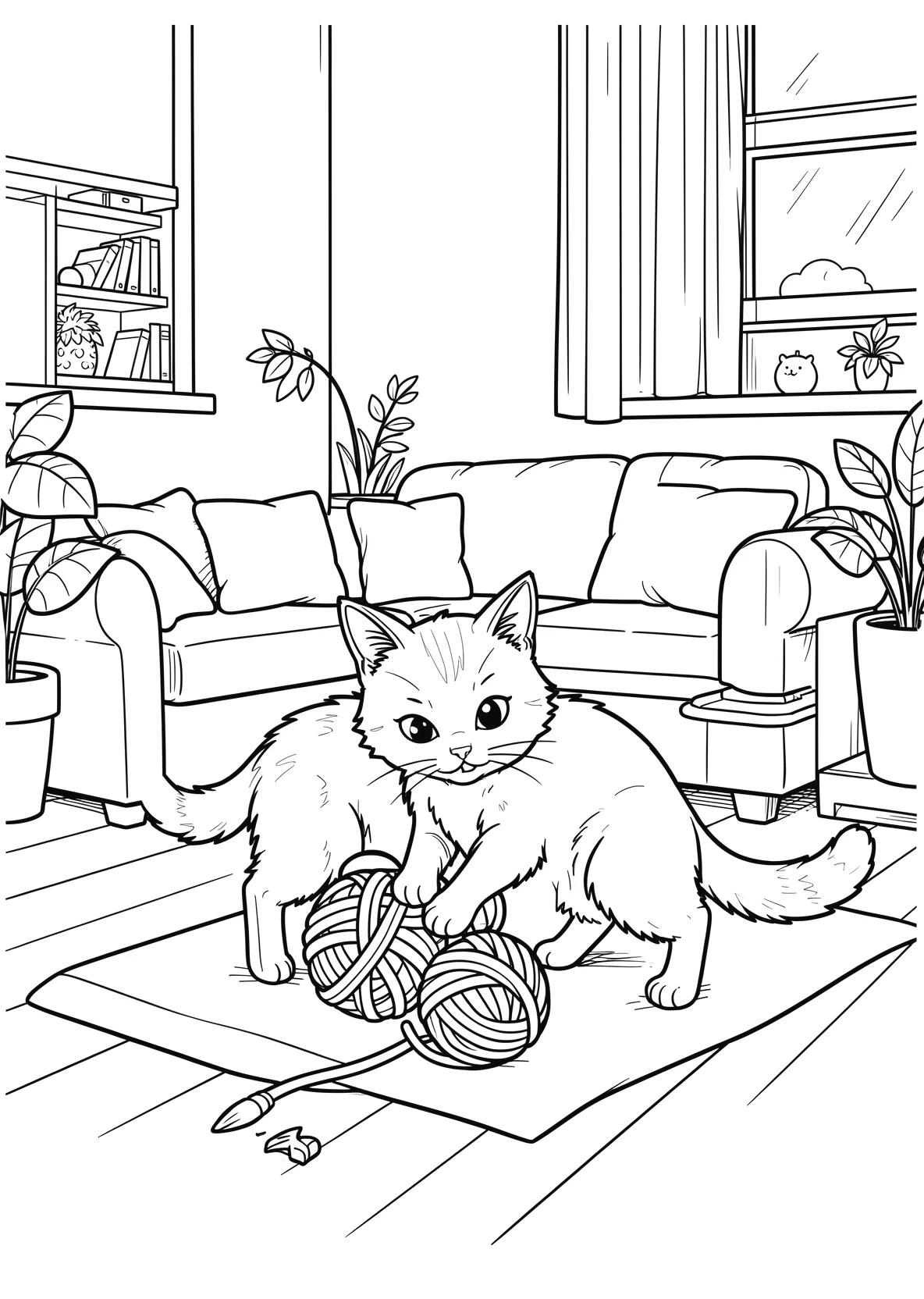 Ausmalbild Katze spielt mit einem Wollknäuel im Wohnzimmer - Ausmalbild aus der Kategorie Tiere - kostenlos ausdrucken