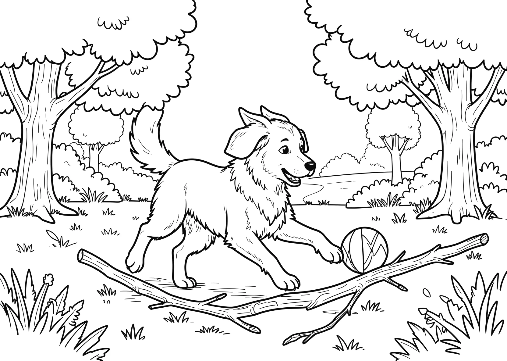 Ausmalbild Hund spielt im Park mit Ball und Ästen - Ausmalbild aus der Kategorie Tiere - kostenlos ausdrucken