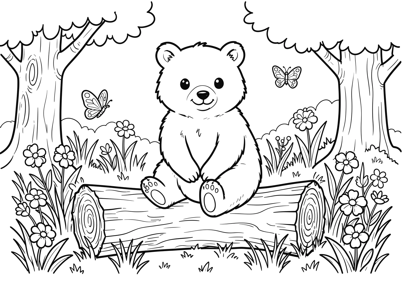 Ausmalbild Niedlicher Waschbär sitzt auf einem Baumstamm im - Ausmalbild aus der Kategorie Tiere - kostenlos ausdrucken