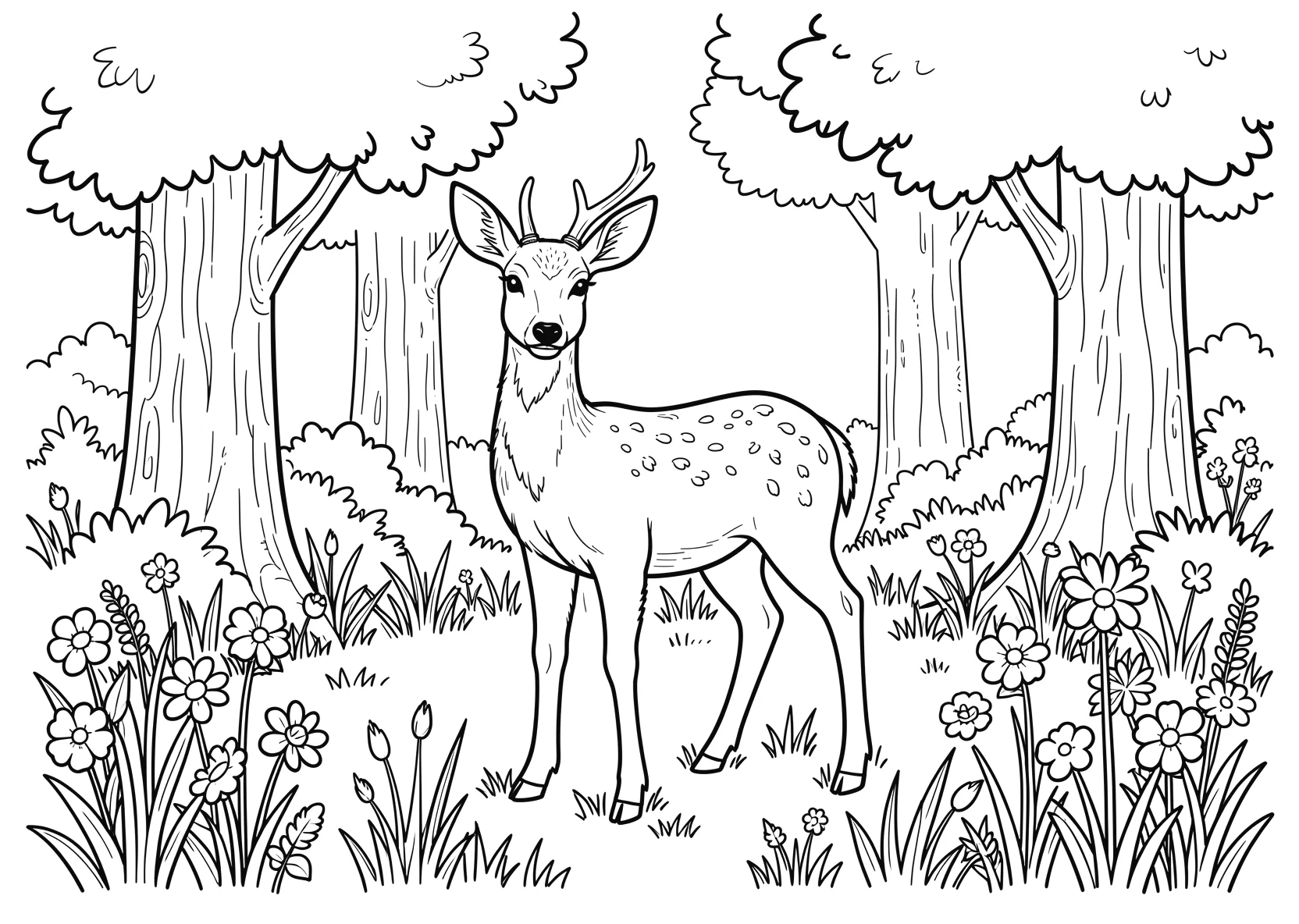 Ausmalbild Junges Reh steht auf einer Waldlichtung mit Blumen - Ausmalbild aus der Kategorie Natur - kostenlos ausdrucken