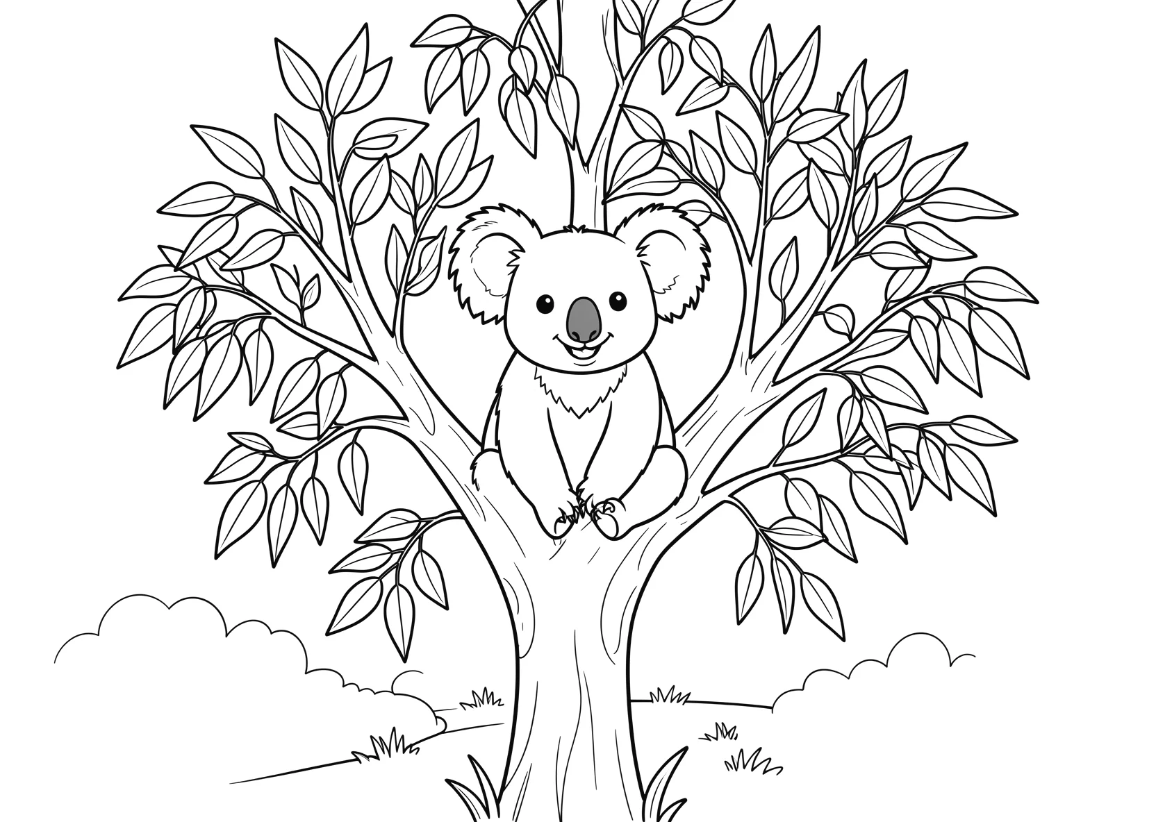 Ausmalbild Koala sitzt gemütlich auf einem Eukalyptusbaum - Ausmalbild aus der Kategorie Tiere - kostenlos ausdrucken
