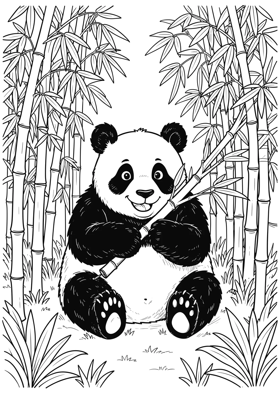 Ausmalbild Panda sitzt im Bambuswald - Ausmalbild aus der Kategorie Tiere - kostenlos ausdrucken