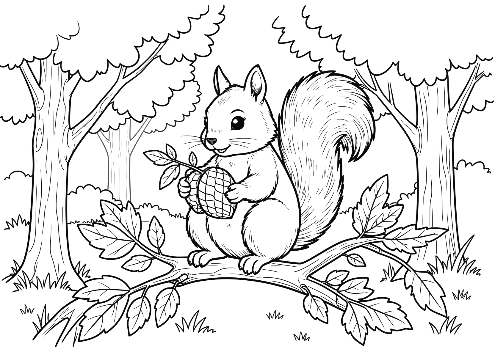 Ausmalbild Eichhörnchen sitzt auf einem Ast - Ausmalbild aus der Kategorie Tiere - kostenlos ausdrucken