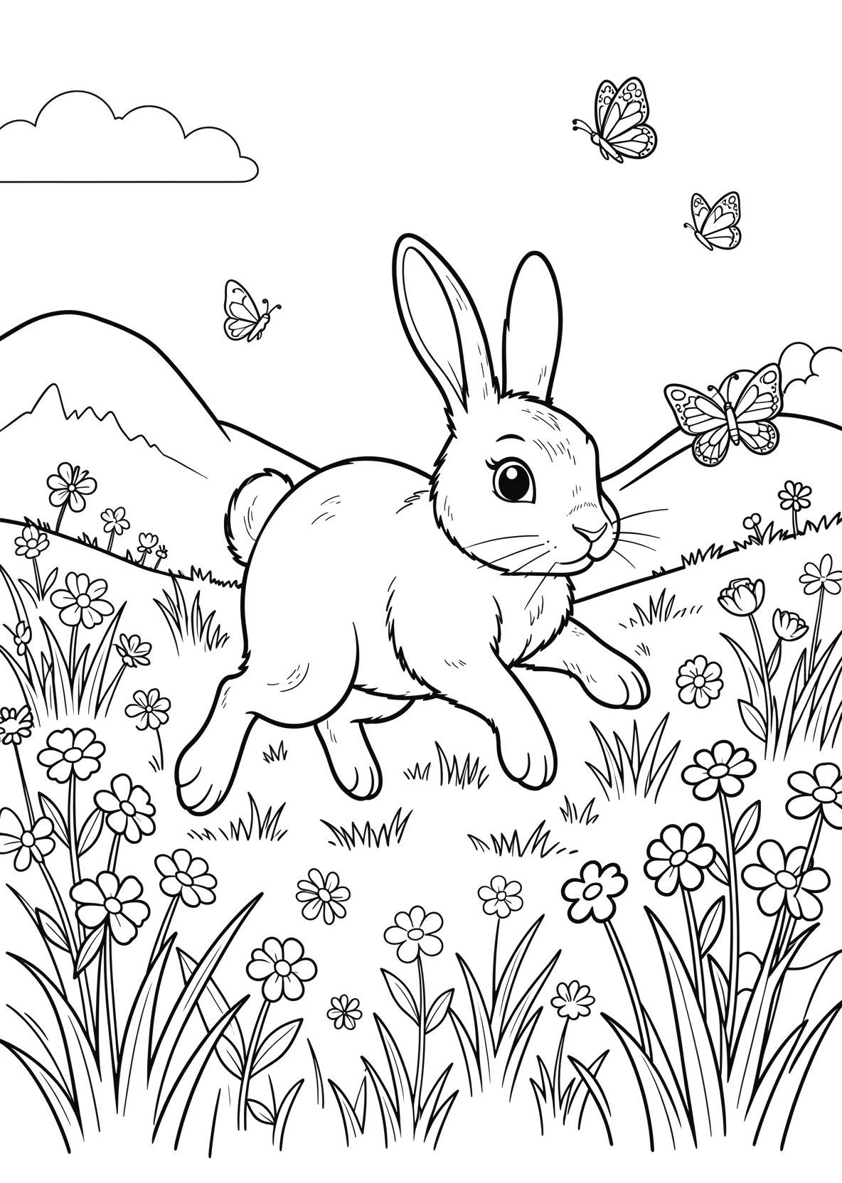 Ausmalbild Hase hüpft über eine Blumenwiese mit - Ausmalbild aus der Kategorie Tiere - kostenlos ausdrucken