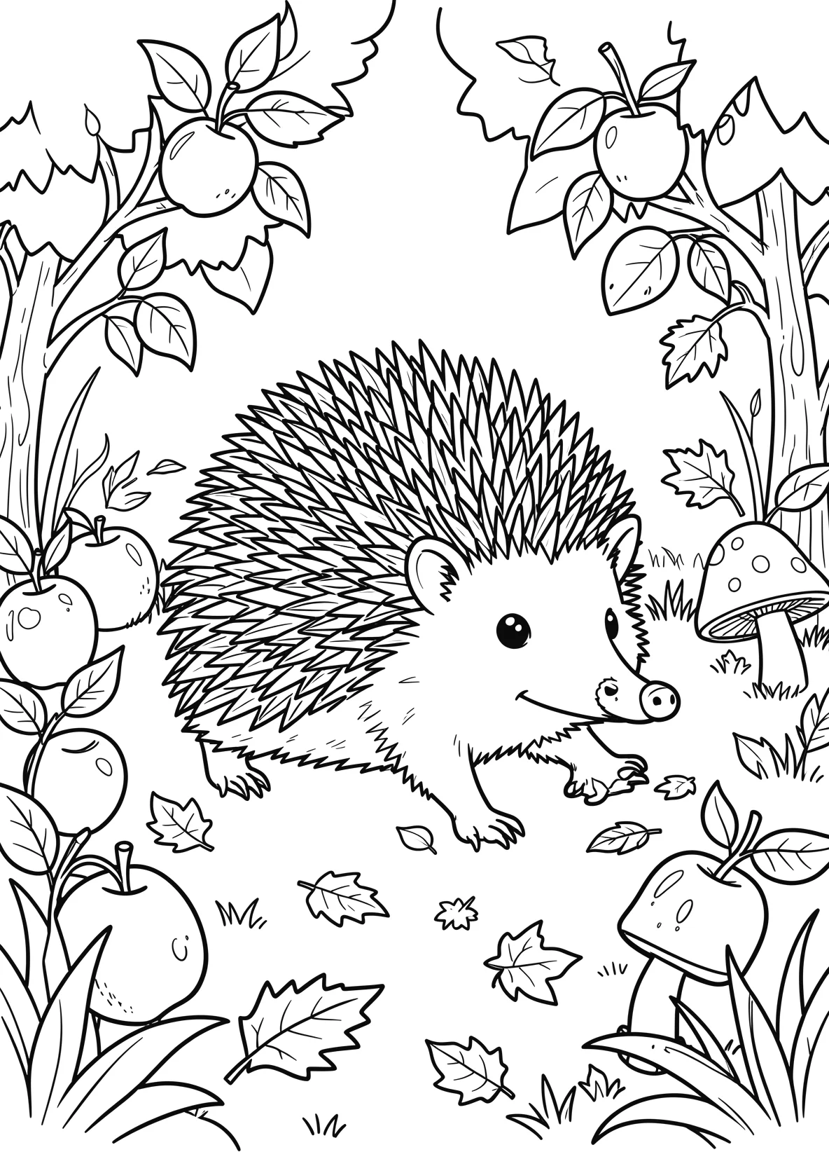 Ausmalbild Igel läuft durch einen Garten mit Äpfeln - Ausmalbild aus der Kategorie Tiere - kostenlos ausdrucken