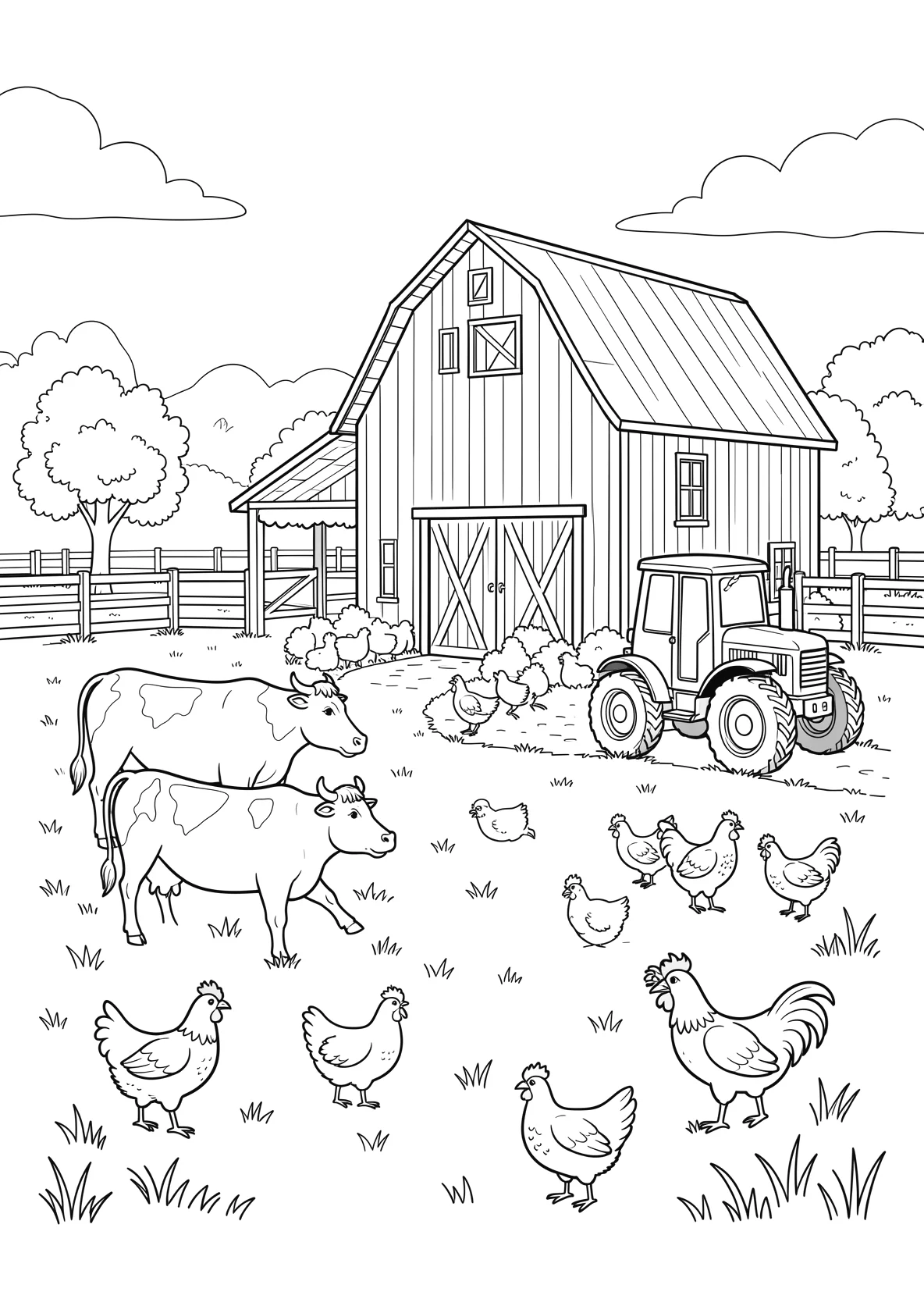 Ausmalbild Großer Bauernhof mit Scheune - Ausmalbild aus der Kategorie Tiere - kostenlos ausdrucken