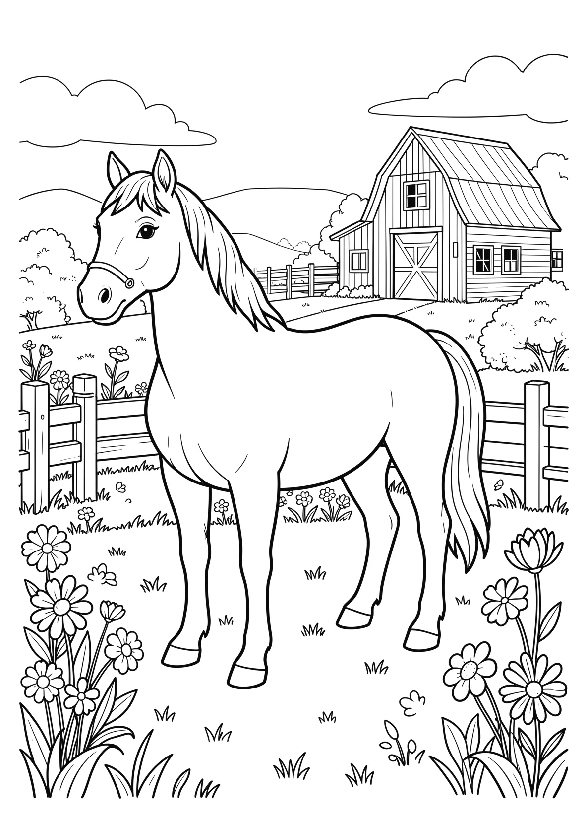 Ausmalbild Pferd steht auf einer Weide mit Zaun - Ausmalbild aus der Kategorie Tiere - kostenlos ausdrucken