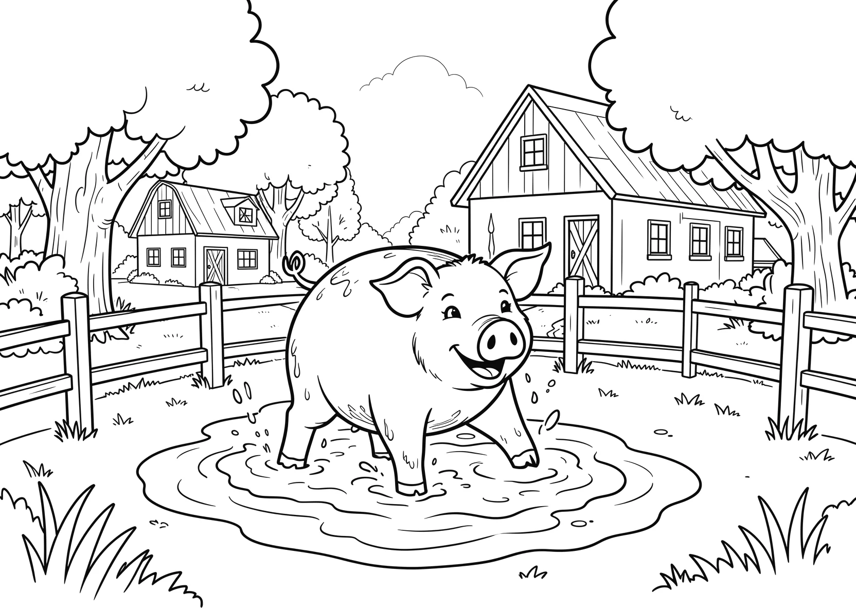 Ausmalbild Schwein spielt fröhlich im Schlamm mit Zaun - Ausmalbild aus der Kategorie Tiere - kostenlos ausdrucken
