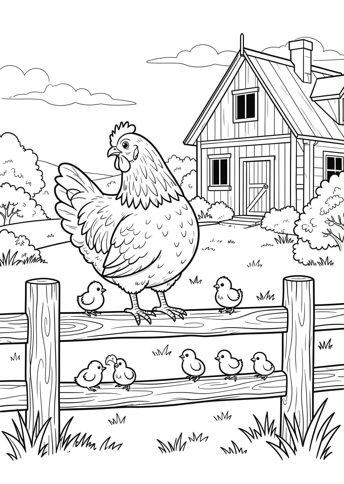 Ausmalbild Huhn sitzt auf einem Holzzaun mit Küken - Ausmalbild aus der Kategorie Tiere - kostenlos ausdrucken