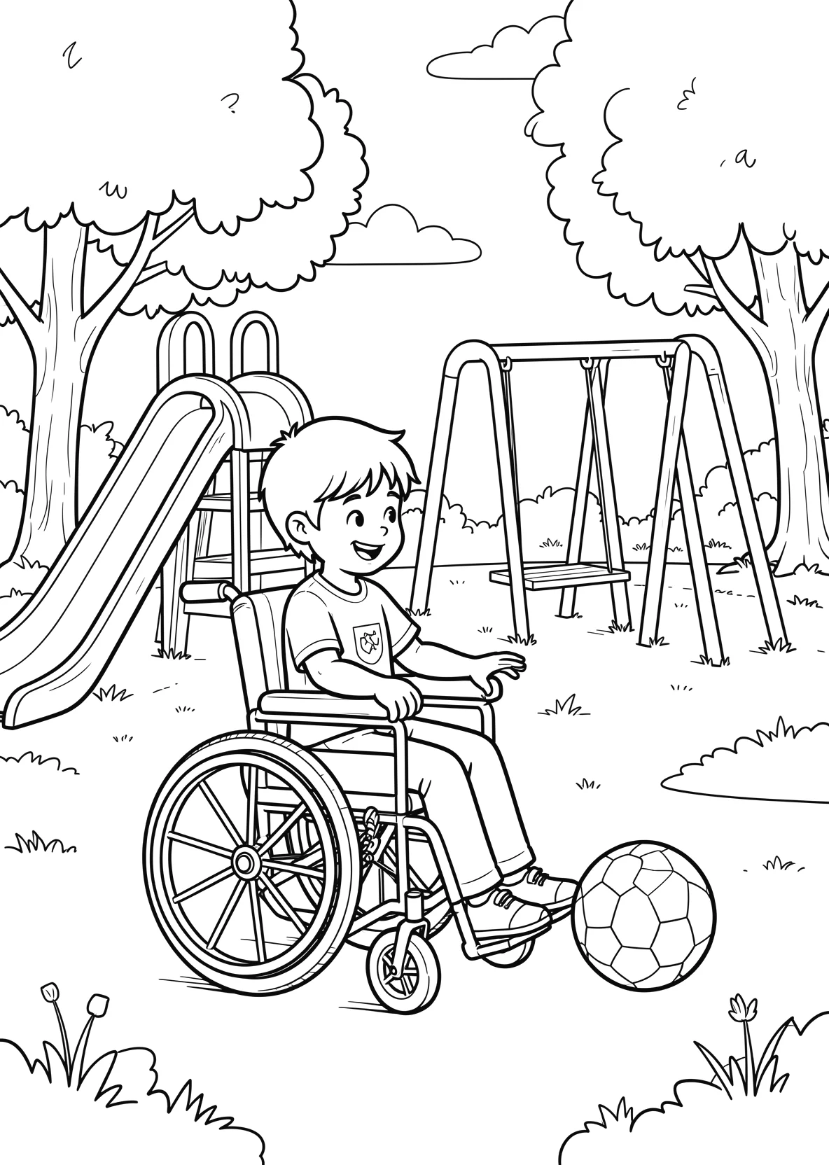 Ausmalbild Kind im Rollstuhl spielt mit einem Ball auf einem - Ausmalbild aus der Kategorie Berufe - kostenlos ausdrucken