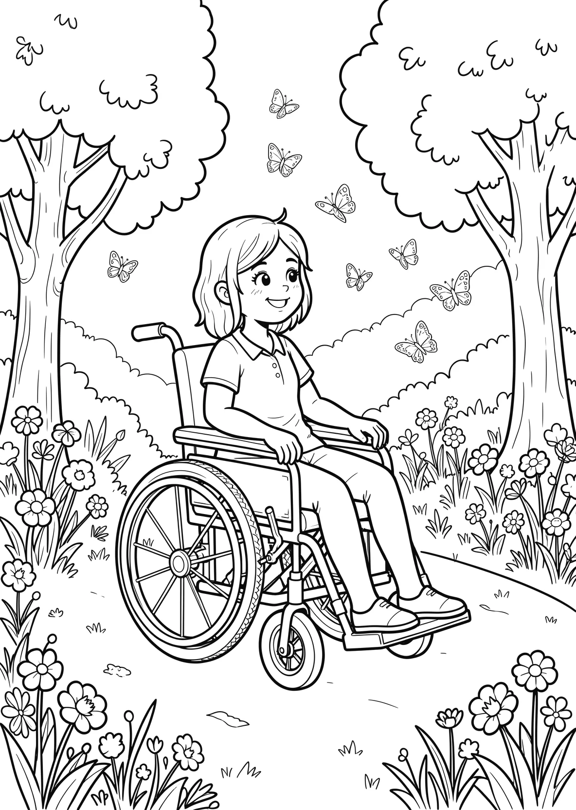 Ausmalbild Mädchen im Rollstuhl fährt über einen Weg im Park - Ausmalbild aus der Kategorie Tiere - kostenlos ausdrucken