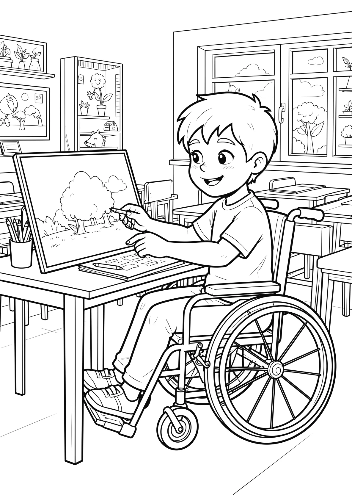 Ausmalbild Junge im Rollstuhl malt ein Bild an einem Tisch - Ausmalbild aus der Kategorie Berufe - kostenlos ausdrucken