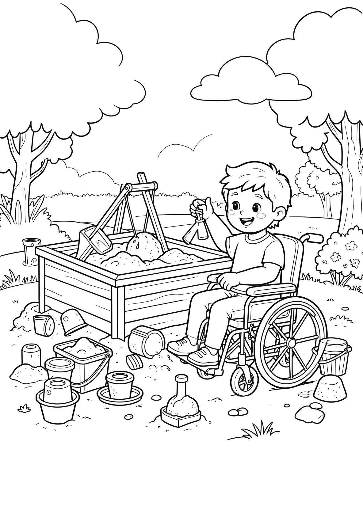 Ausmalbild Kinder spielen gemeinsam im Sandkasten mit einem - Ausmalbild aus der Kategorie Sport - kostenlos ausdrucken