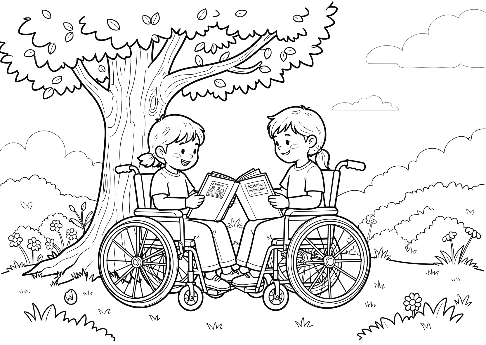 Ausmalbild Kinder lesen gemeinsam ein Buch unter einem Baum - Ausmalbild aus der Kategorie Natur - kostenlos ausdrucken