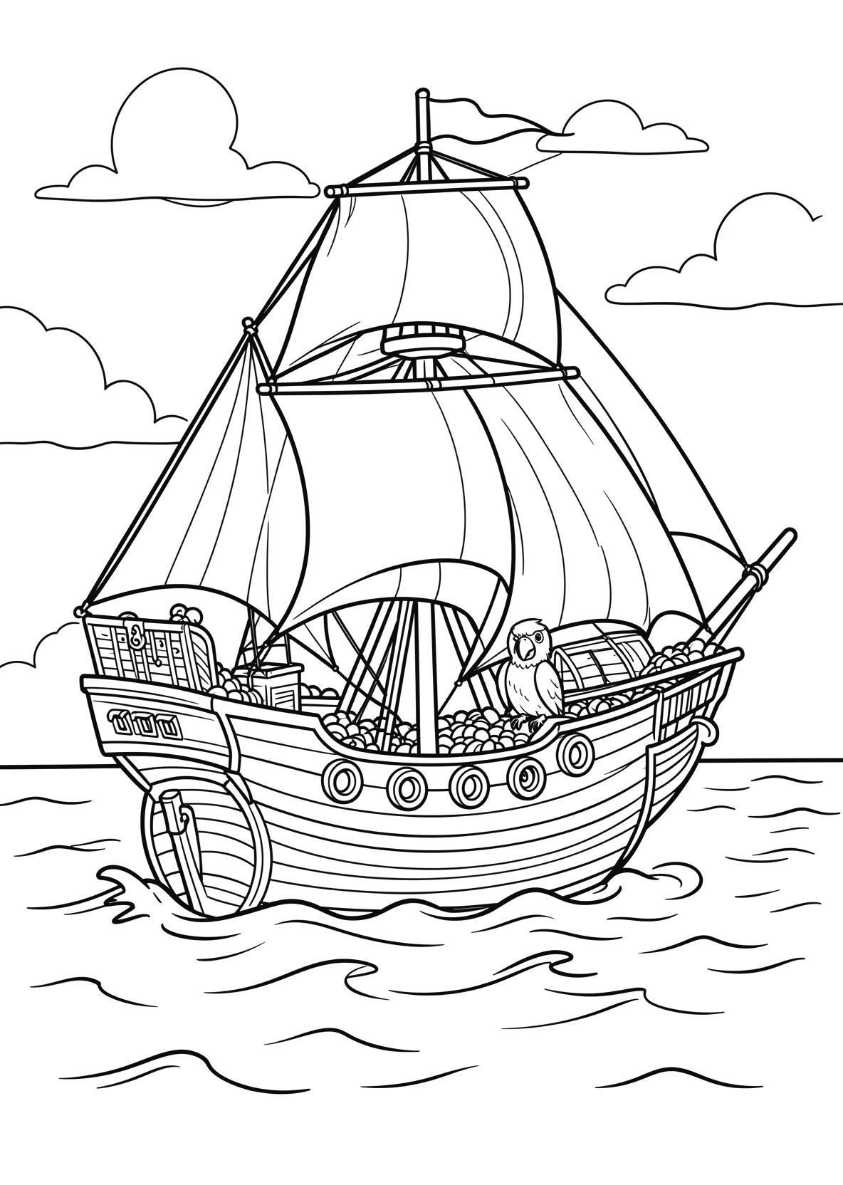 Ausmalbild Piratenschiff mit Schatzkiste - Ausmalbild aus der Kategorie Maerchen - kostenlos ausdrucken