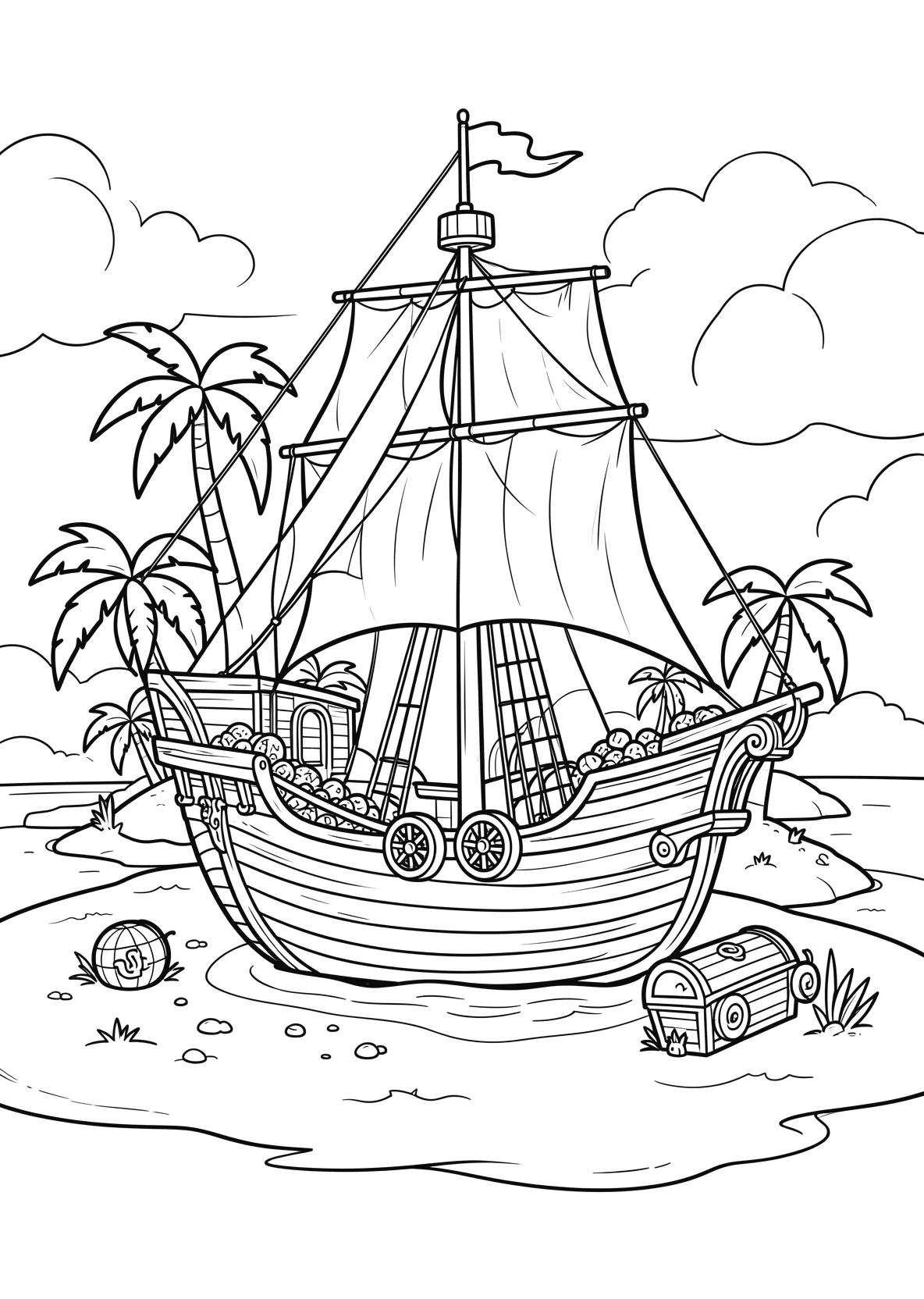 Ausmalbild Piratenschiff ankert vor einer kleinen Insel mit - Ausmalbild aus der Kategorie Maerchen - kostenlos ausdrucken