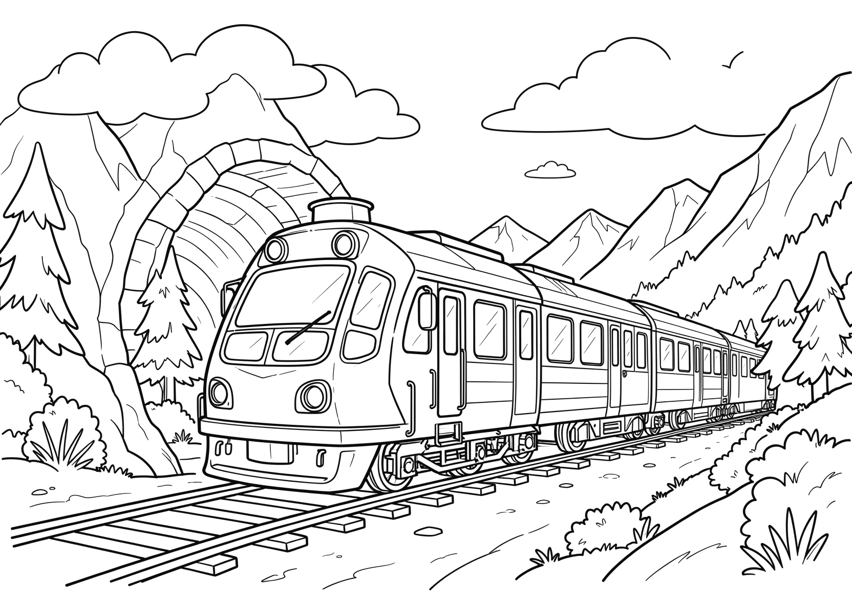 Ausmalbild Zug fährt durch einen Tunnel in den Bergen mit - Ausmalbild aus der Kategorie Natur - kostenlos ausdrucken