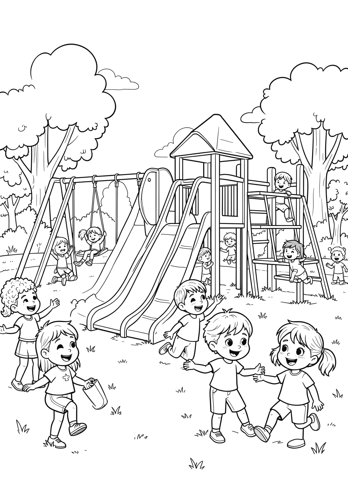 Ausmalbild Spielplatz mit Rutsche - Ausmalbild aus der Kategorie Berufe - kostenlos ausdrucken