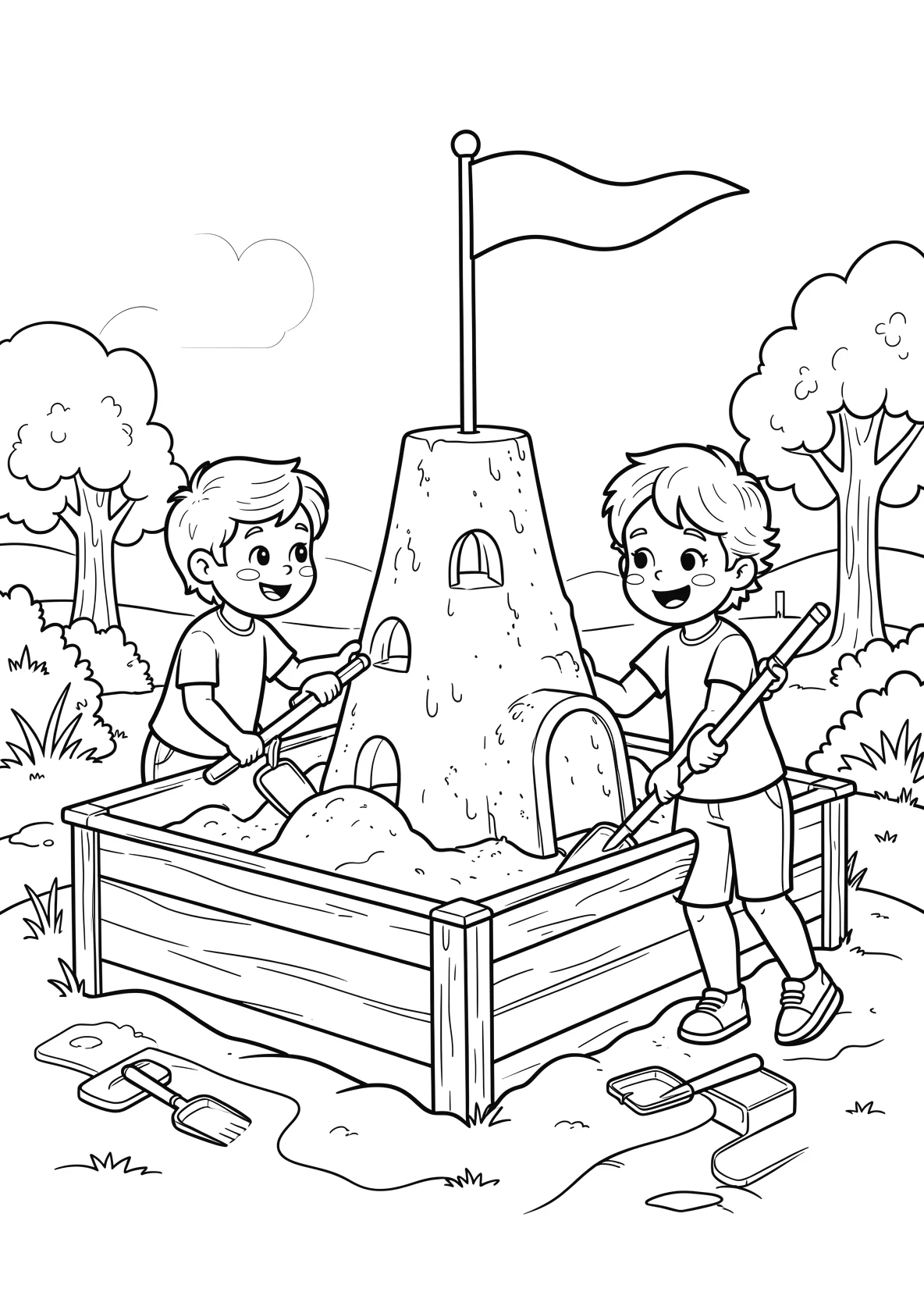 Ausmalbild Kinder bauen eine große Sandburg im Sandkasten - Ausmalbild aus der Kategorie Sport - kostenlos ausdrucken