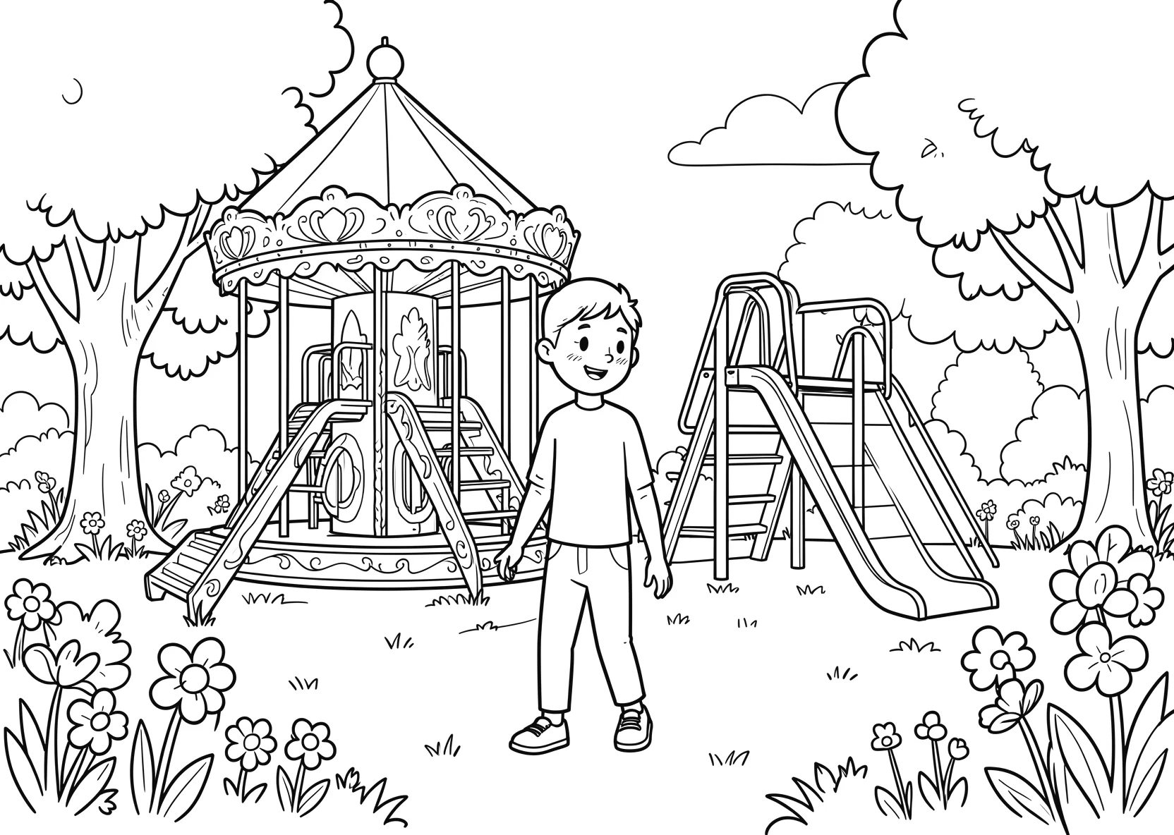 Ausmalbild Spielplatz mit Karussell - Ausmalbild aus der Kategorie Berufe - kostenlos ausdrucken