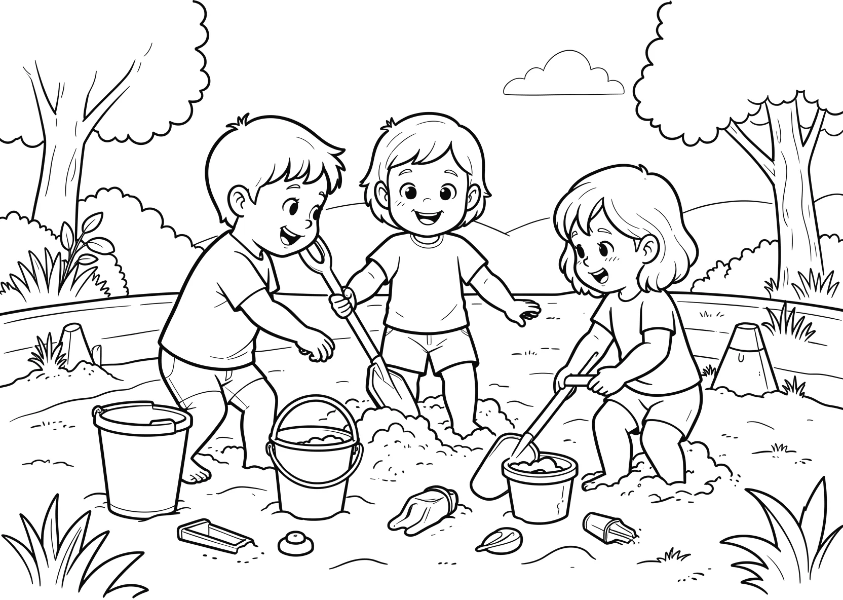 Ausmalbild Kinder spielen im Sand mit Förmchen - Ausmalbild aus der Kategorie Natur - kostenlos ausdrucken