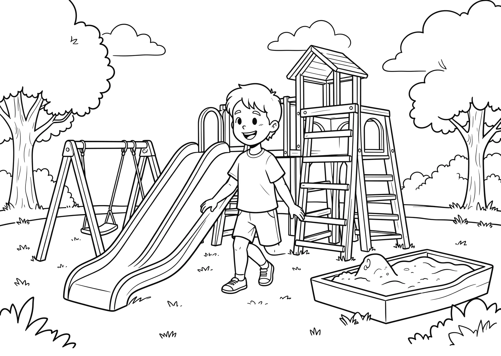 Ausmalbild Großer Spielplatz mit Rutsche - Ausmalbild aus der Kategorie Maerchen - kostenlos ausdrucken