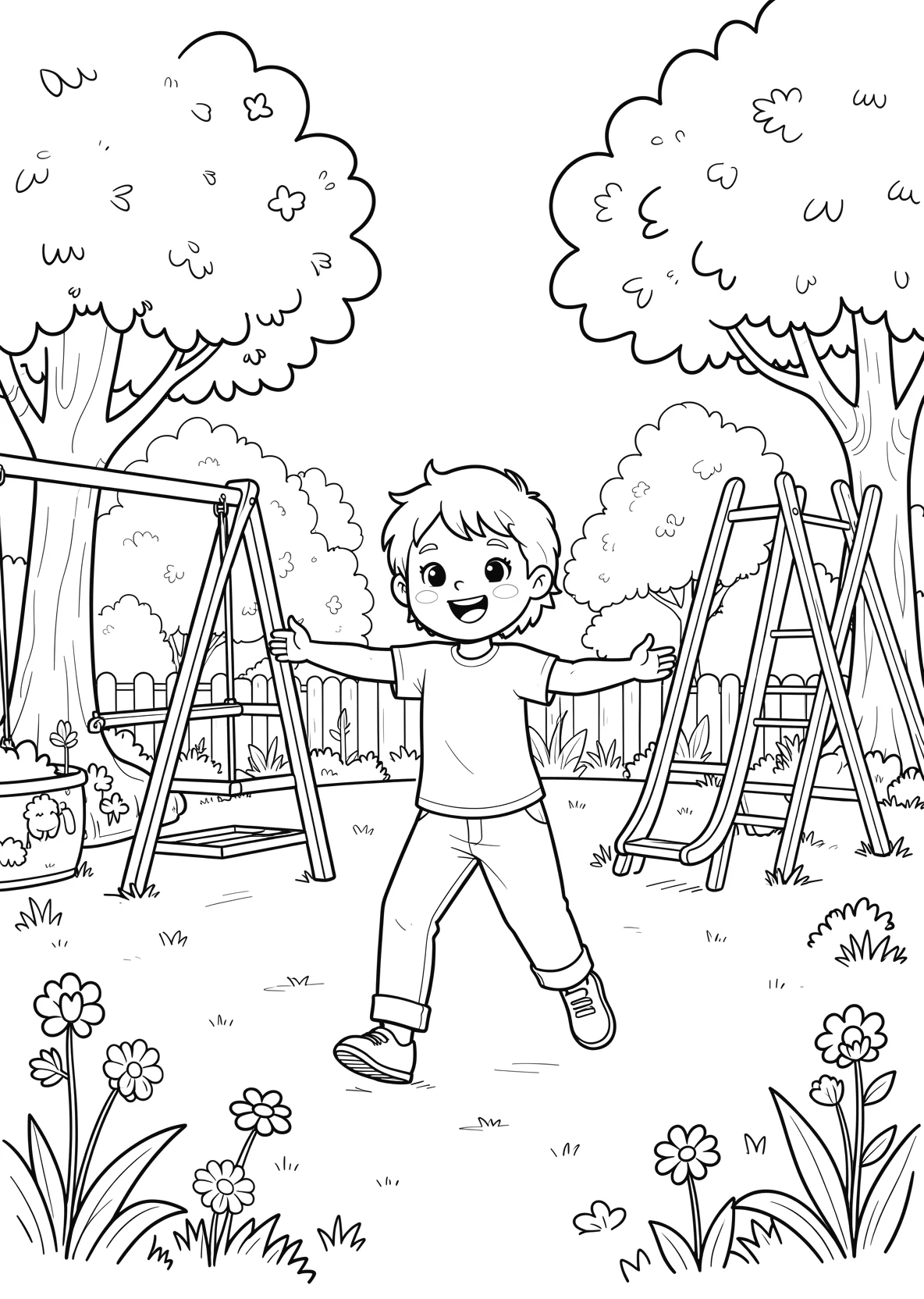 Ausmalbild Kinder spielen Fangen auf einem Spielplatz mit - Ausmalbild aus der Kategorie Sport - kostenlos ausdrucken