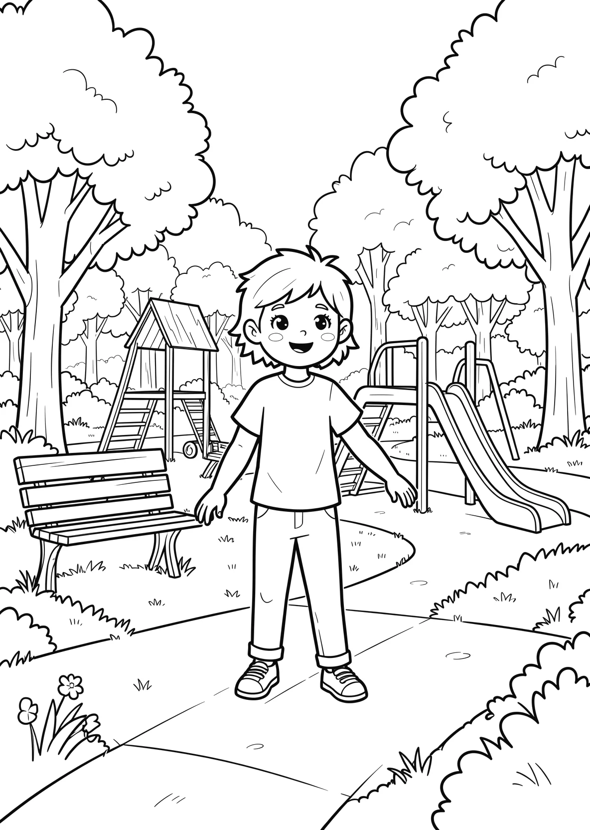 Ausmalbild Spielplatz im Park mit Rutsche - Ausmalbild aus der Kategorie Berufe - kostenlos ausdrucken