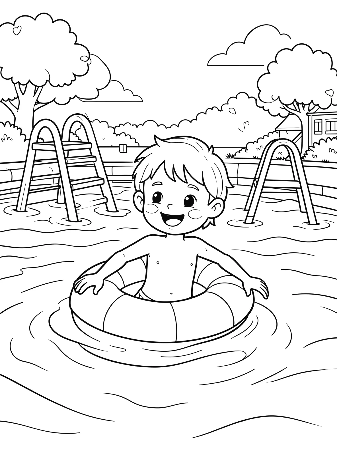 Ausmalbild Kinder schwimmen in einem Schwimmbad mit - Ausmalbild aus der Kategorie Sport - kostenlos ausdrucken