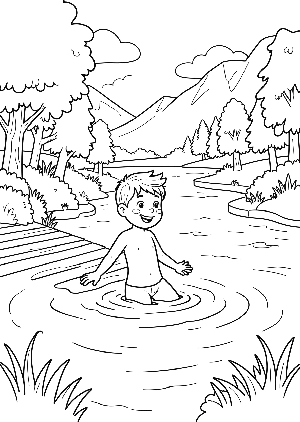 Ausmalbild Kinder schwimmen im See mit Steg - Ausmalbild aus der Kategorie Natur - kostenlos ausdrucken