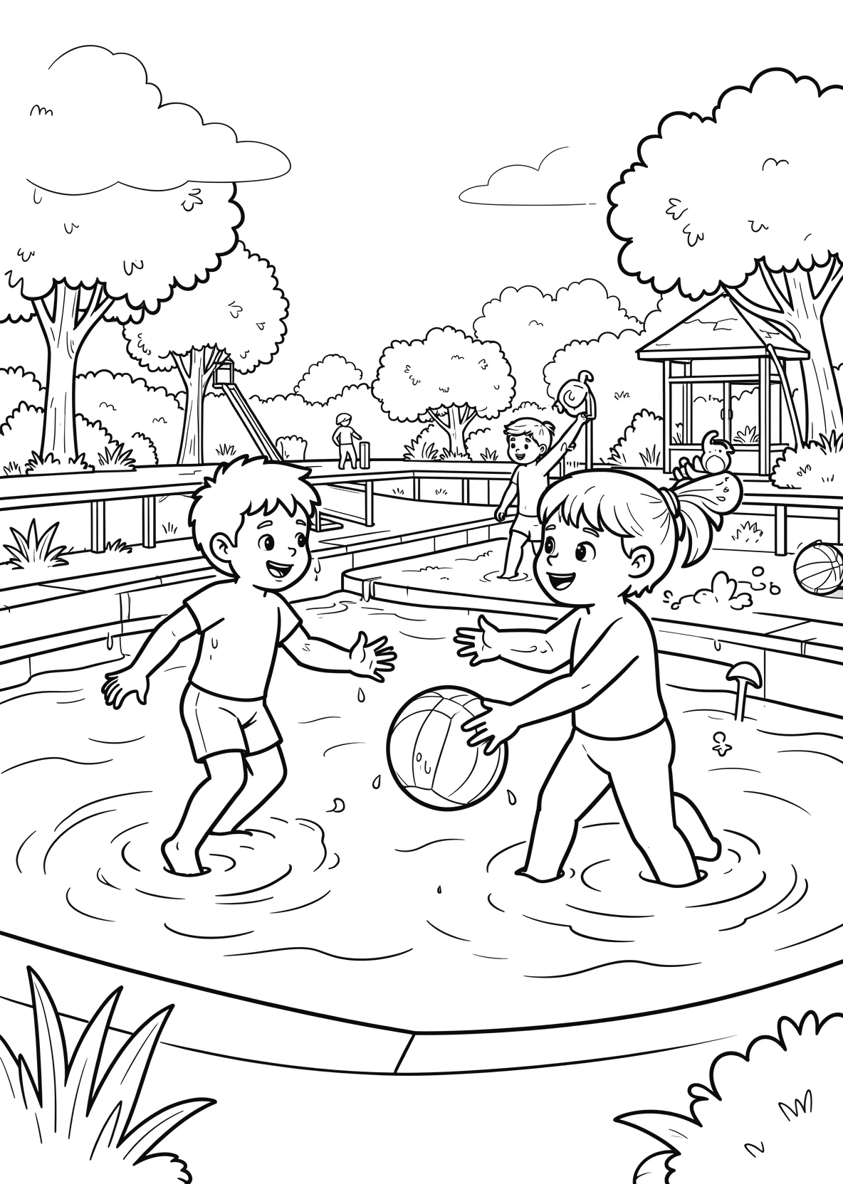 Ausmalbild Kinder spielen im Wasser mit einem Ball im Freibad - Ausmalbild aus der Kategorie Sport - kostenlos ausdrucken