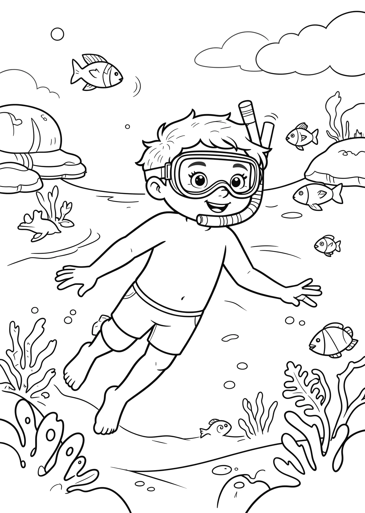 Ausmalbild Kind schwimmt mit Taucherbrille - Ausmalbild aus der Kategorie Sport - kostenlos ausdrucken