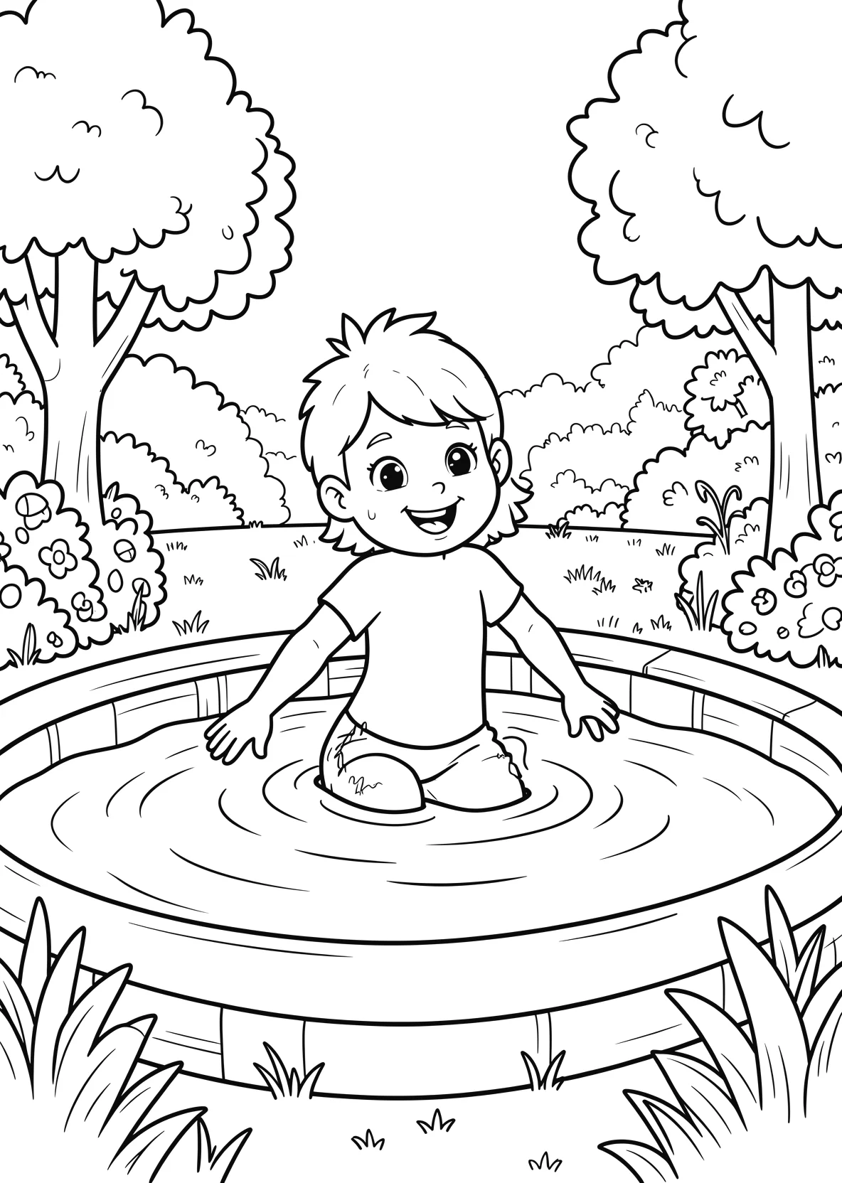 Ausmalbild Kinder planschen im Wasser eines kleinen Pools im - Ausmalbild aus der Kategorie Sport - kostenlos ausdrucken