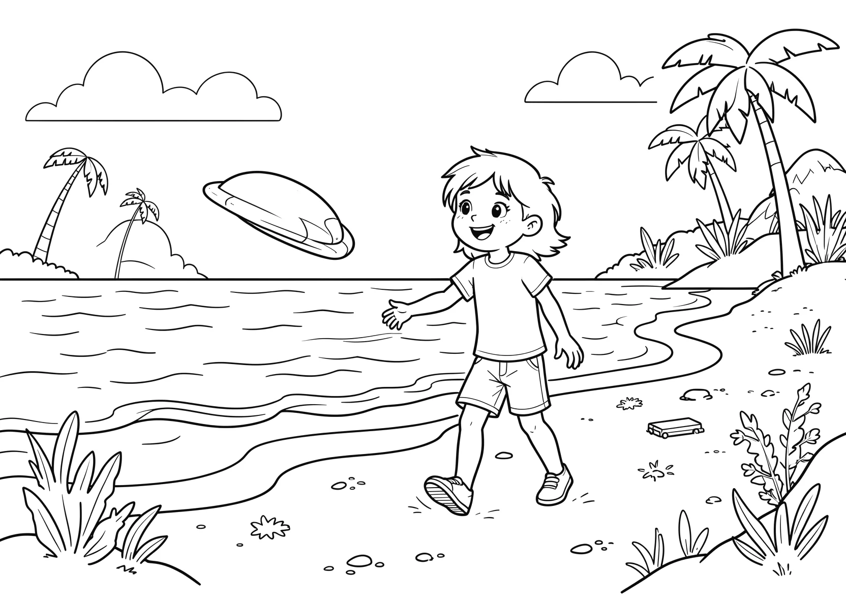 Ausmalbild Kinder spielen Frisbee am Strand mit Meer - Ausmalbild aus der Kategorie Natur - kostenlos ausdrucken
