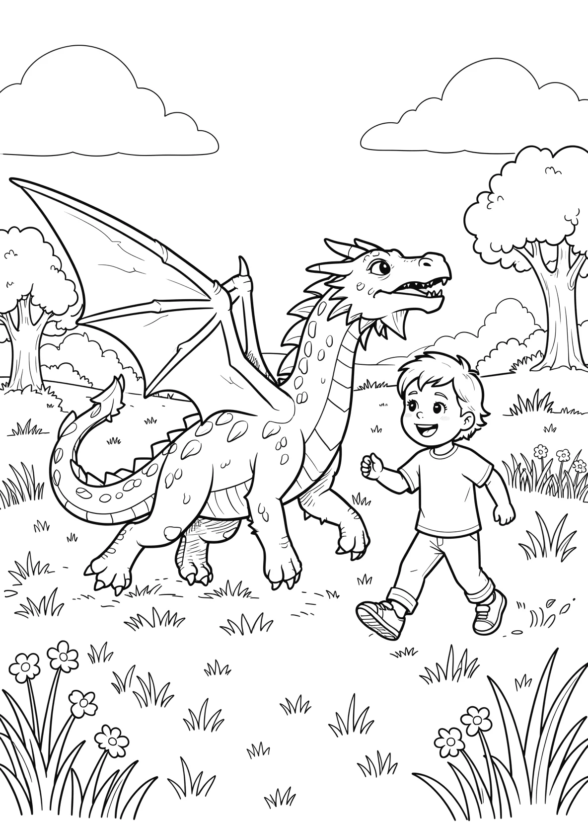 Ausmalbild Kinder laufen mit einem Drachen über eine Wiese - Ausmalbild aus der Kategorie Maerchen - kostenlos ausdrucken