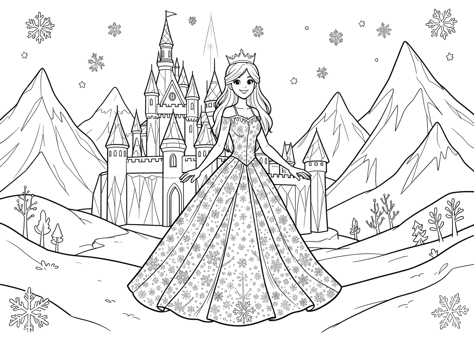 Ausmalbild Freundliche Eisprinzessin mit langem glitzernden - Ausmalbild aus der Kategorie Maerchen - kostenlos ausdrucken