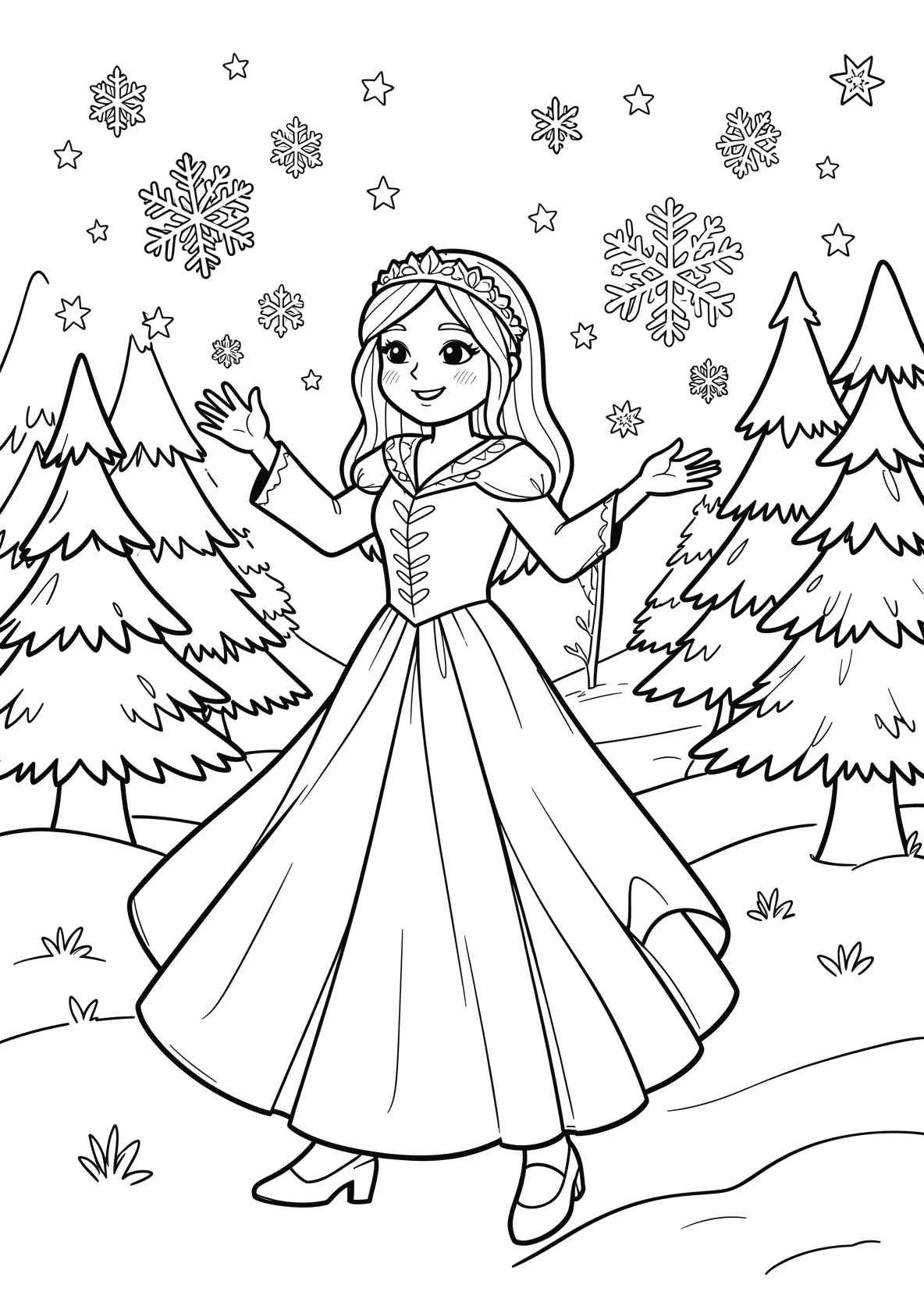 Ausmalbild Eisprinzessin zaubert Schneeflocken in einer - Ausmalbild aus der Kategorie Maerchen - kostenlos ausdrucken