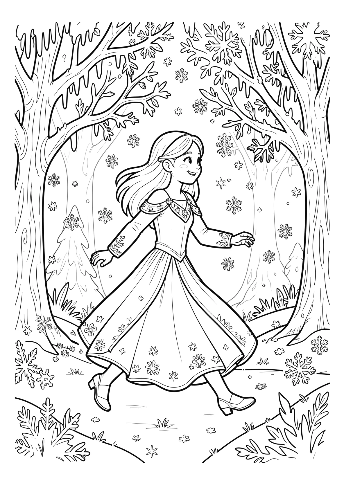 Ausmalbild Junge Eisprinzessin läuft durch einen Winterwald - Ausmalbild aus der Kategorie Maerchen - kostenlos ausdrucken