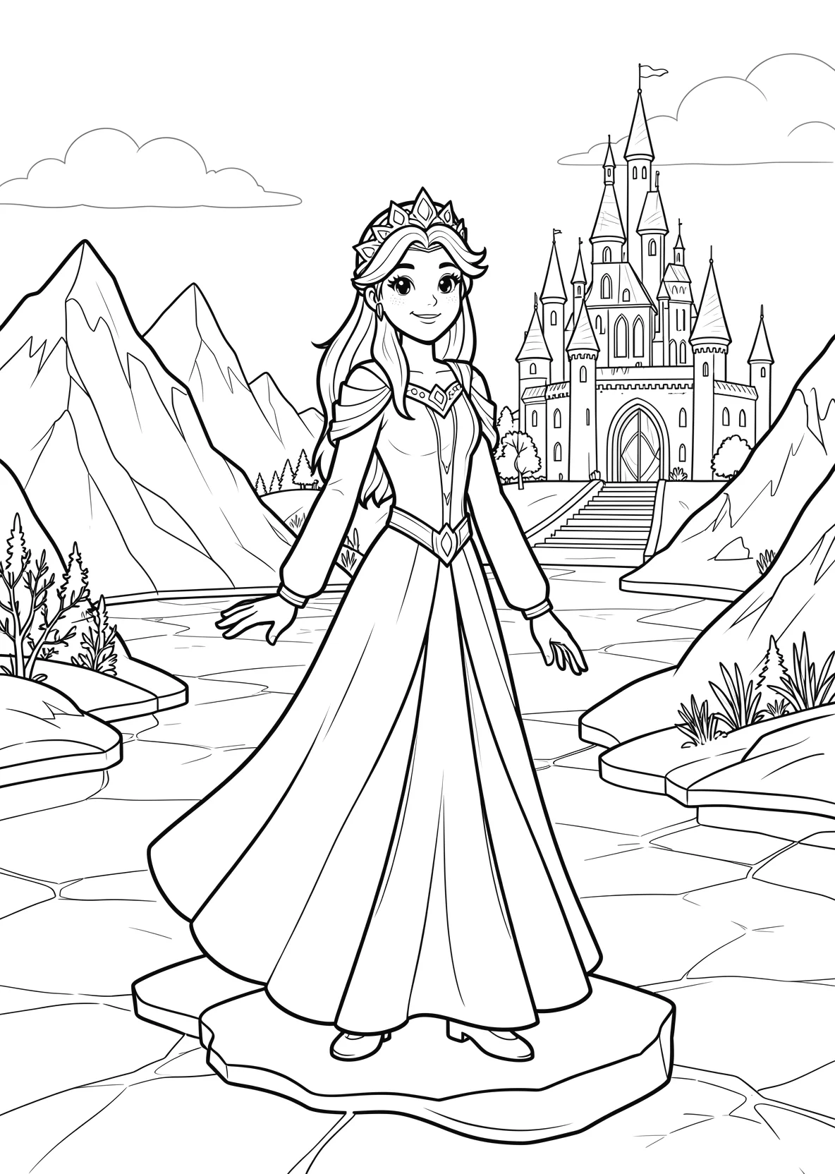 Ausmalbild Eisprinzessin steht auf einem gefrorenen See mit - Ausmalbild aus der Kategorie Maerchen - kostenlos ausdrucken