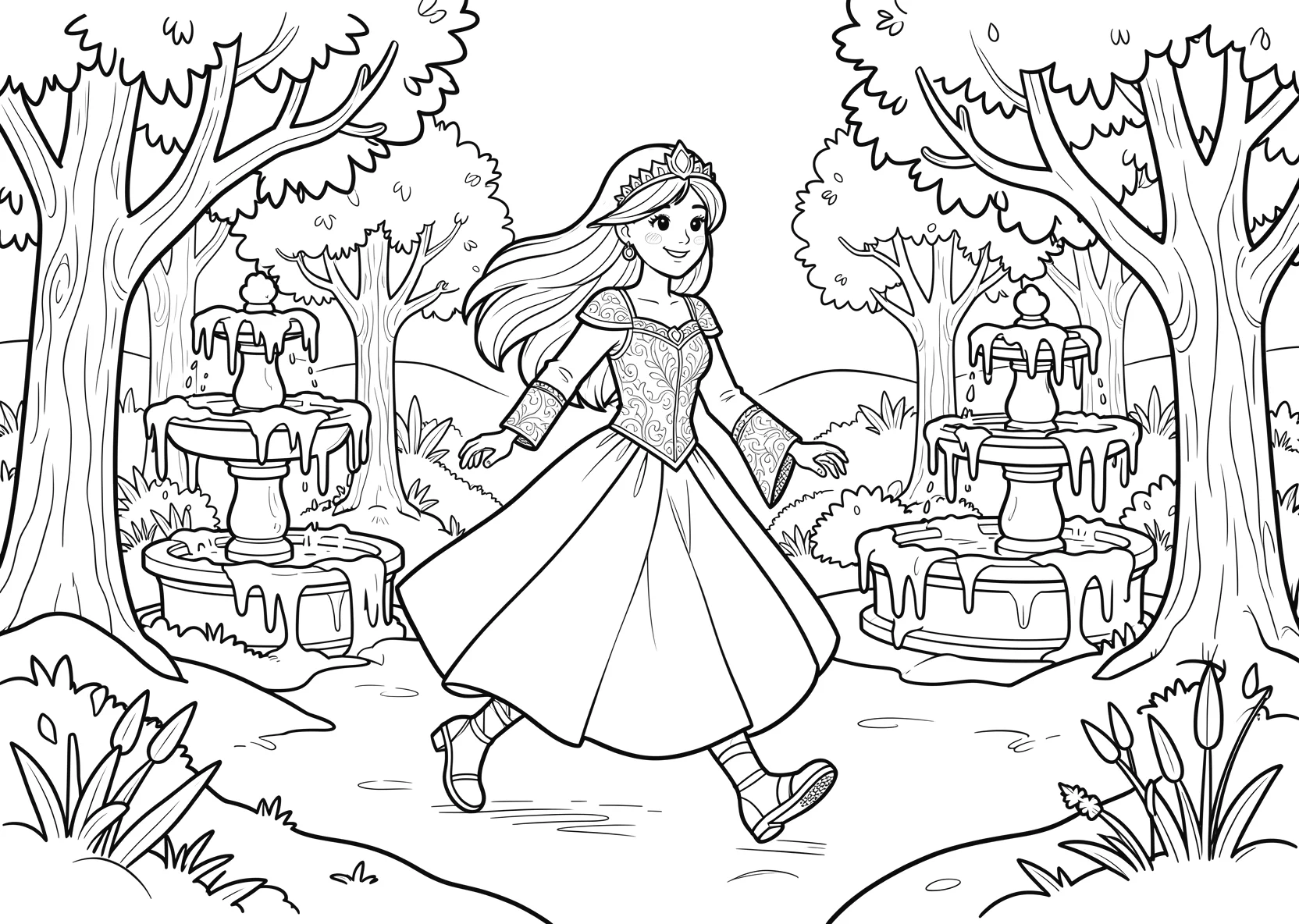 Ausmalbild Eisprinzessin läuft durch einen verschneiten - Ausmalbild aus der Kategorie Maerchen - kostenlos ausdrucken