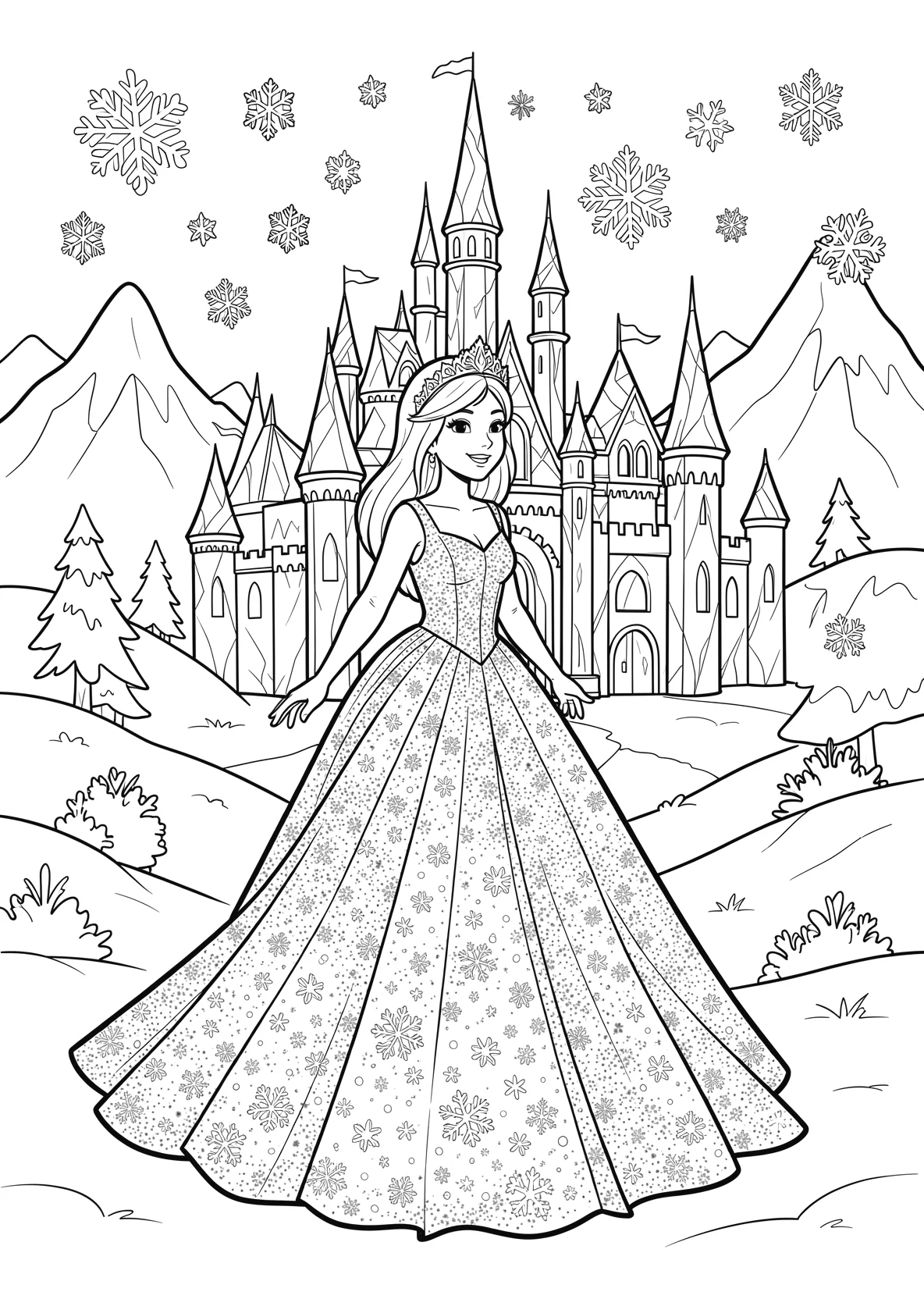 Ausmalbild Freundliche Eisprinzessin mit langem glitzernden - Ausmalbild aus der Kategorie Maerchen - kostenlos ausdrucken